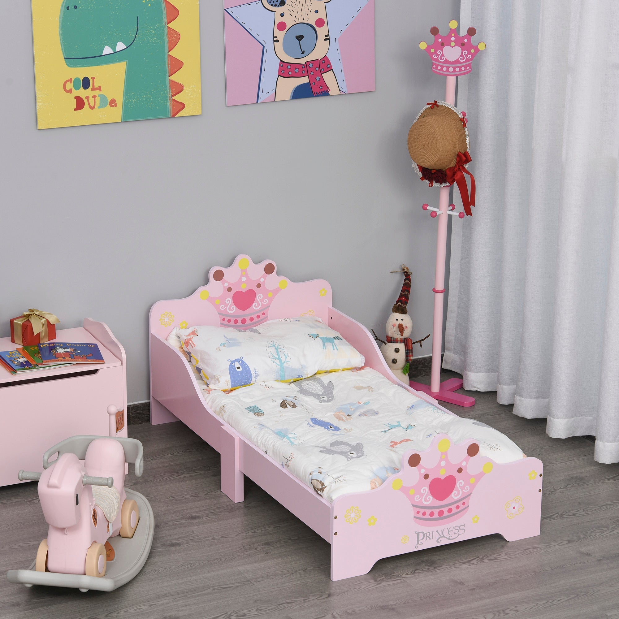 Kids Wooden Bed with Crown Modeling Safety Side Rails Easy to Clean Perfect Gift for Toddlers Girls Age 3 to 6 Years Old Pink-1