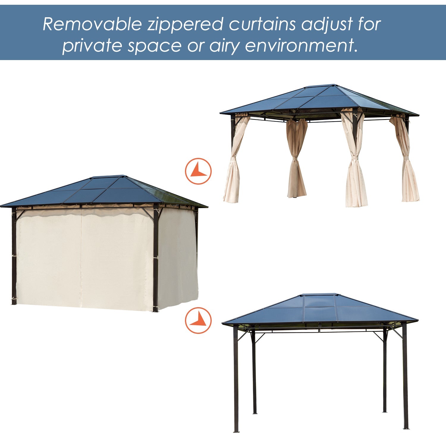 3.6 x 3(m) Hardtop Gazebo Canopy with Polycarbonate Roof Garden Pavilion with Removable Curtains and Steel Frame, Brown-3