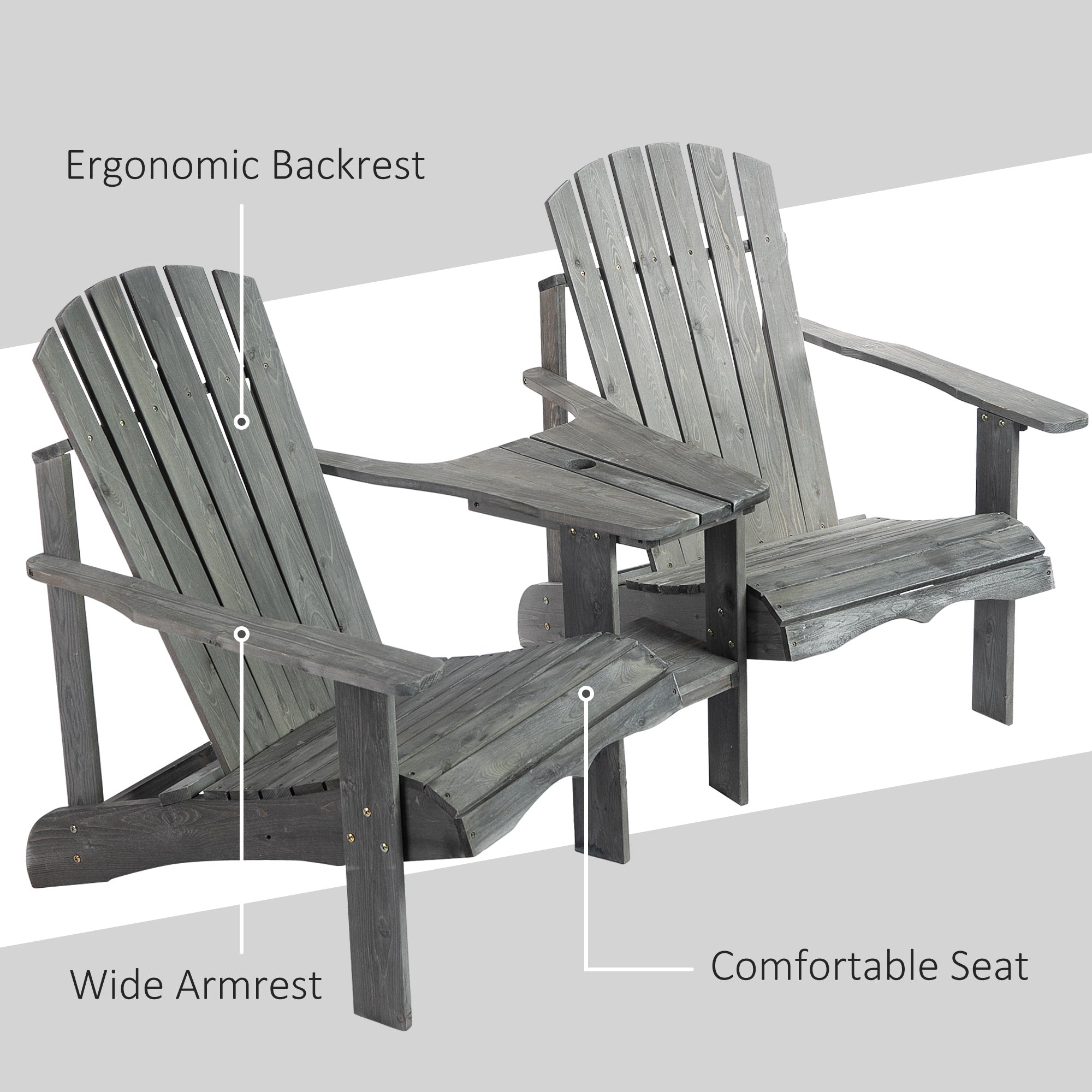 Wooden Outdoor Double Adirondack Chairs Loveseat w/ Center Table and Umbrella Hole, Garden Patio Furniture for Lounging and Relaxing, Grey-4