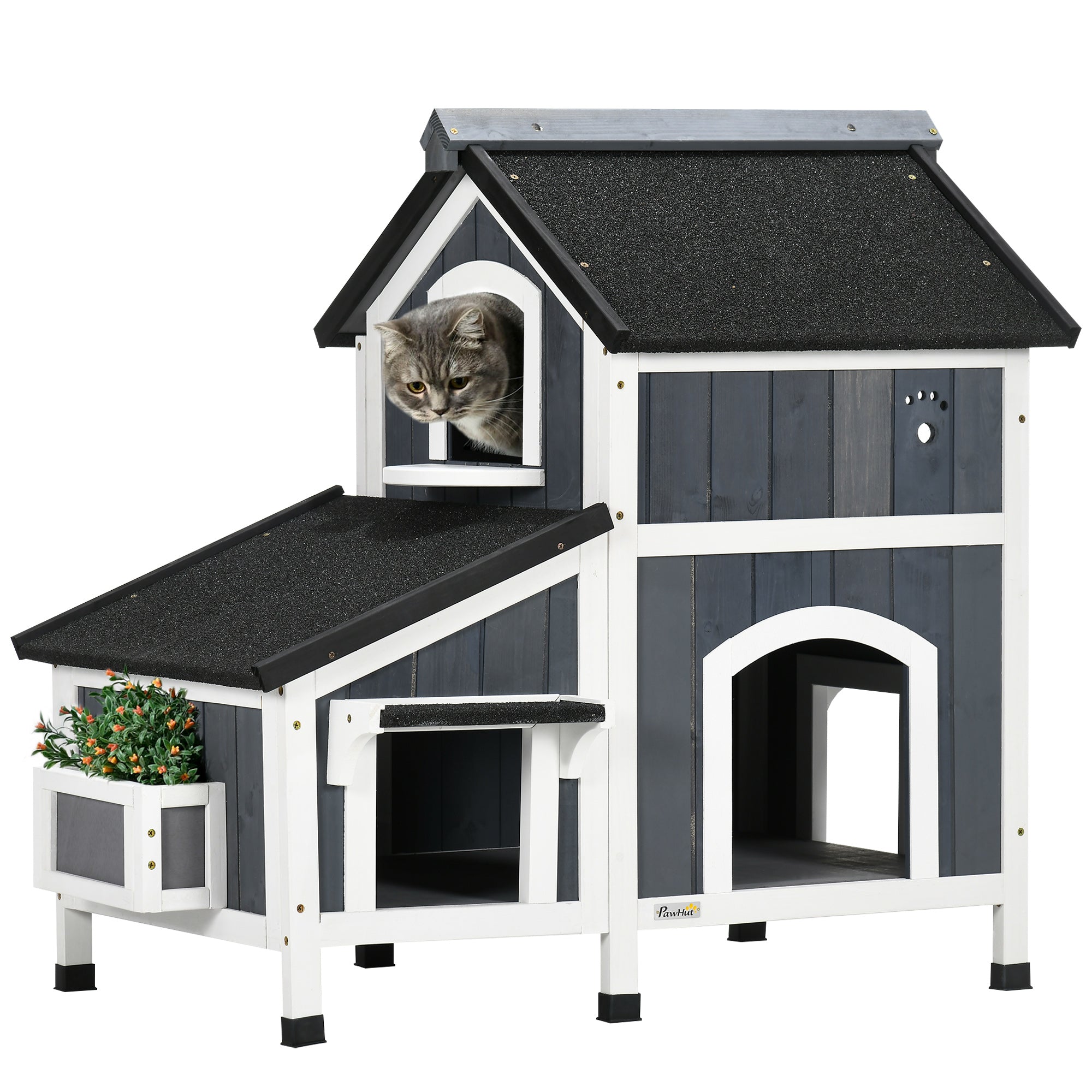 Wooden Cat House Outdoor with Flower Pot, 2 Tiers Cat Shelter with Window, Multiple Entrances, Water-resistant Roof, Grey-0