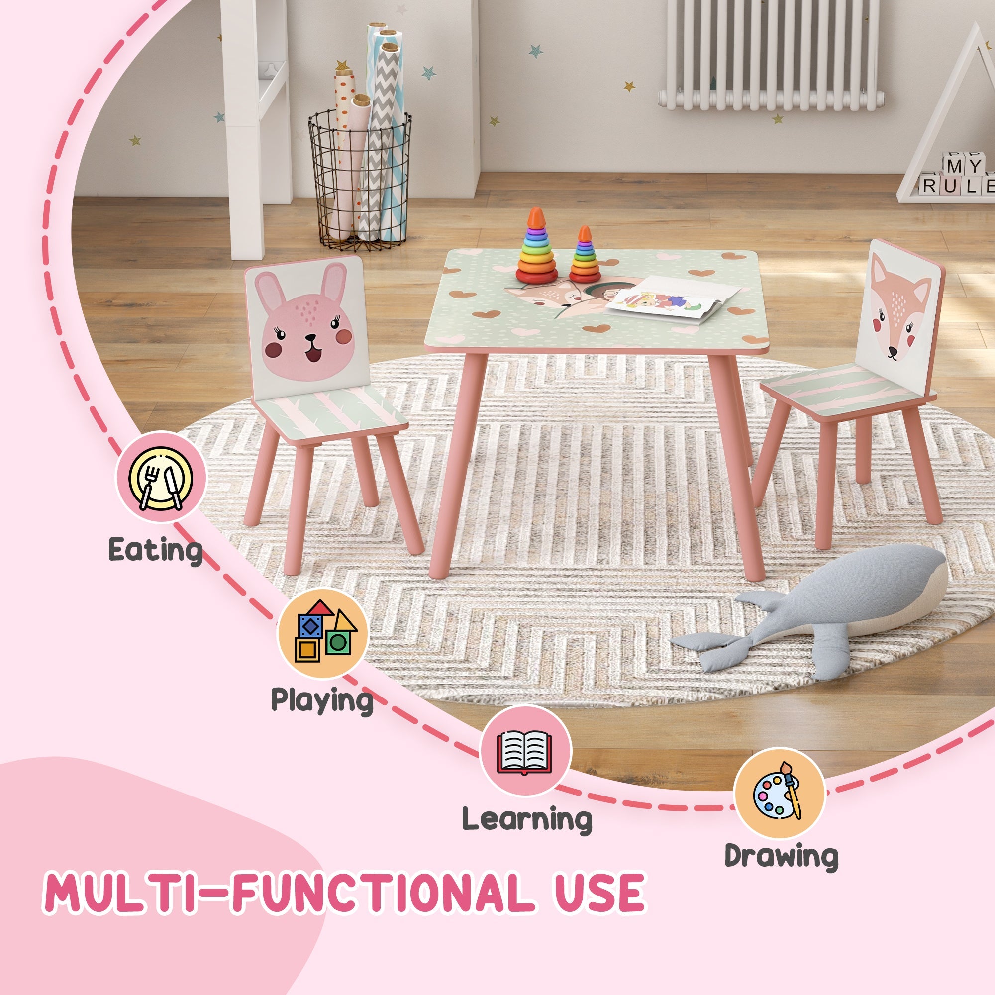 Kids and Table Chairs, Children Desk with Two Chairs, Toddler Furniture Set, for Ages 3-6 Years - Pink-3