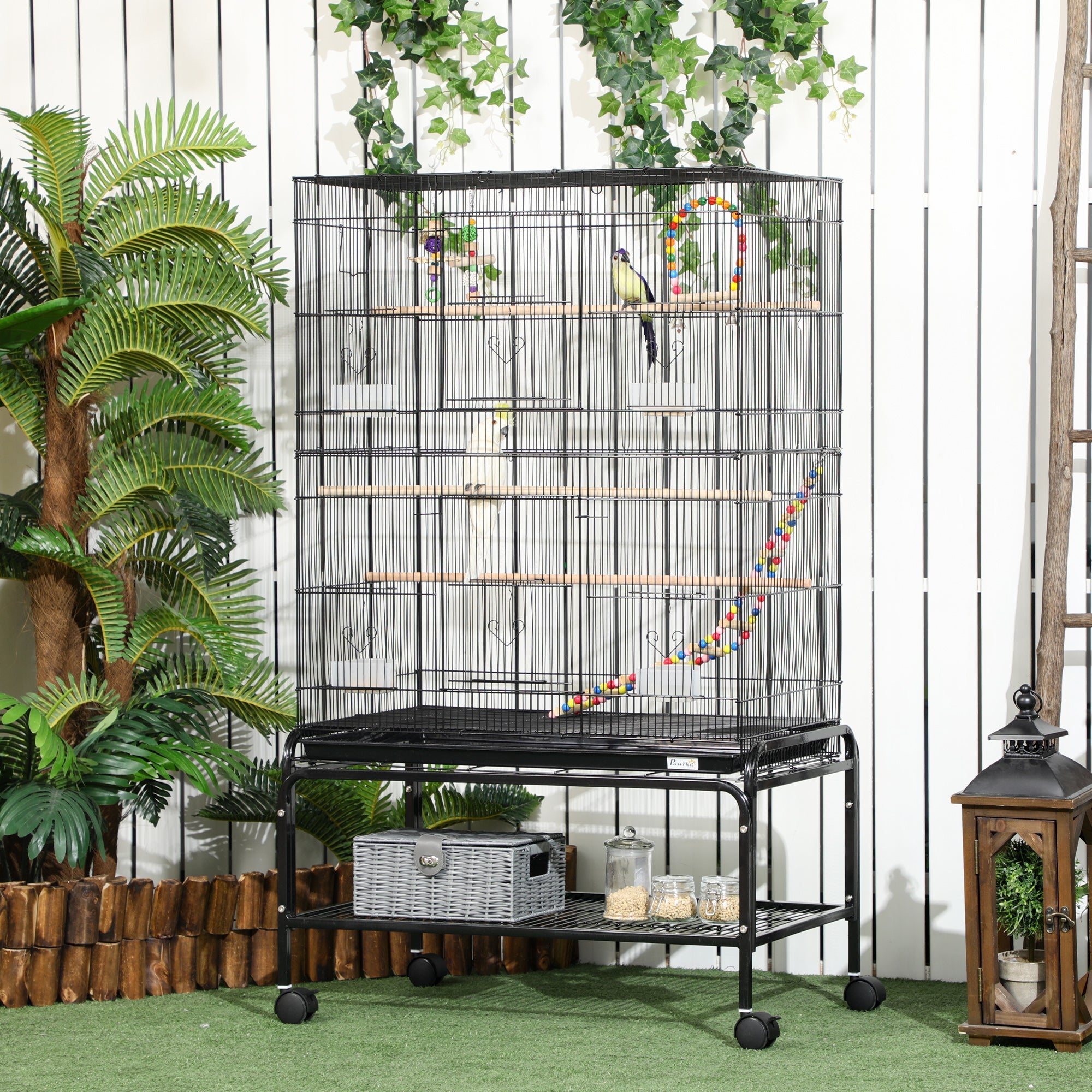 Bird Cage with Stand, Toys, Wheels, for Canaries, Finches, Lovebirds, Parakeets, Budgie Cage with Accessories, Storage Shelf, Black-1