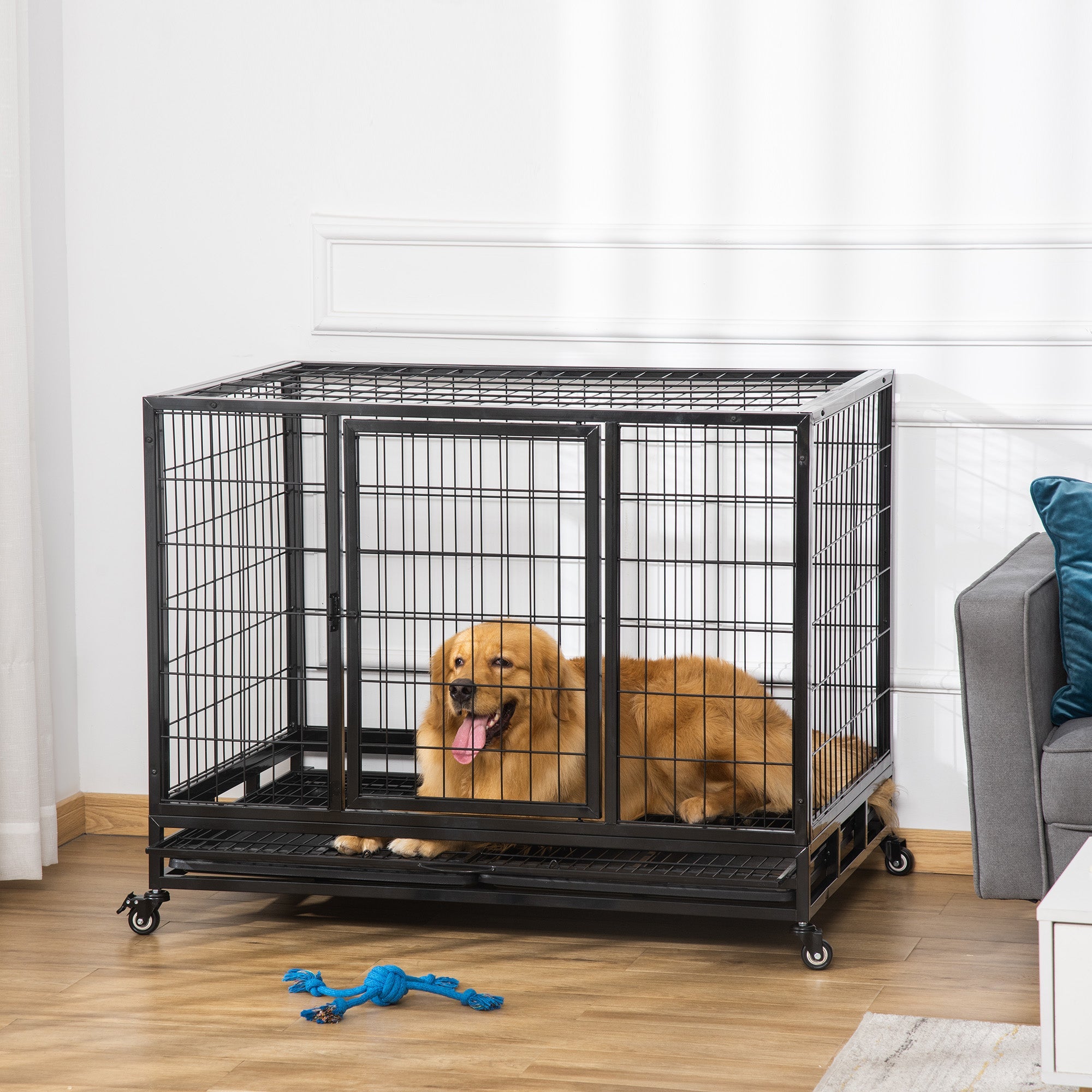 43" Heavy Duty Metal Dog Kennel Pet Cage with Crate Tray and Wheels - Black (Large)-1