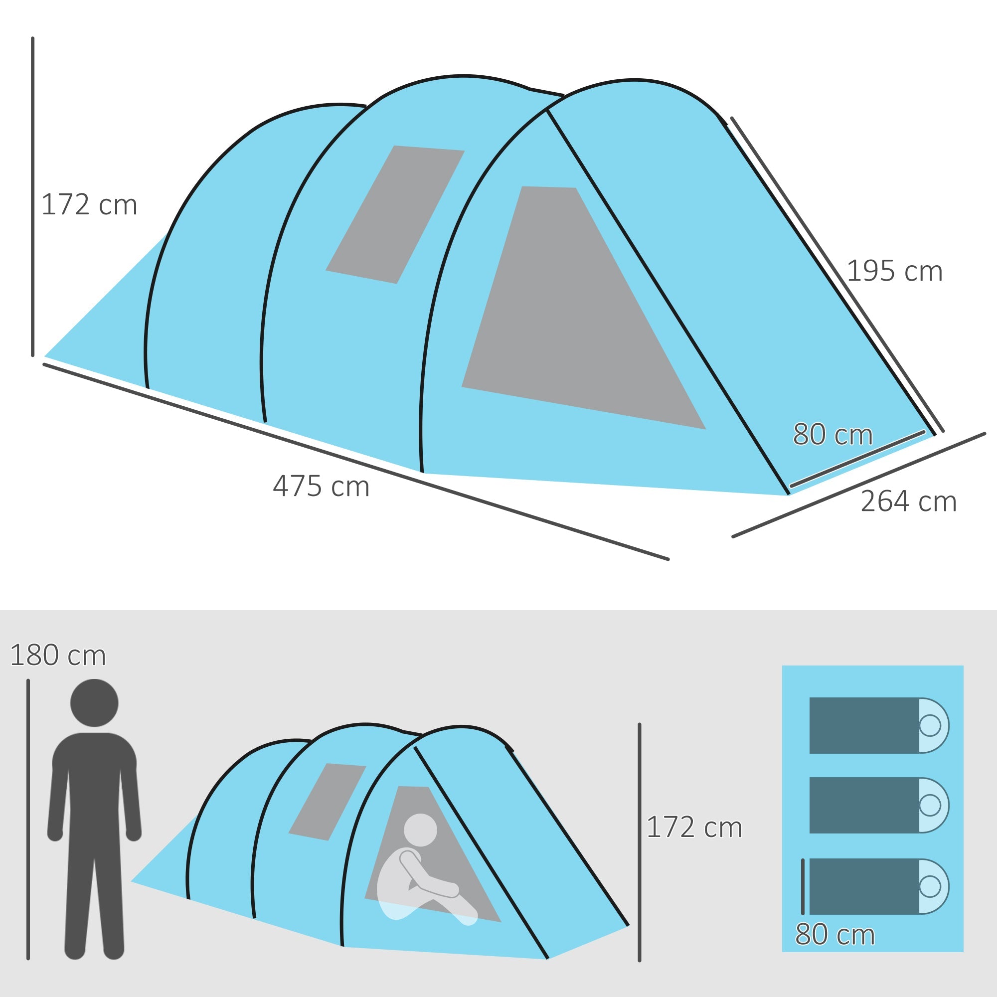 3-4 Man Tunnel Tent, Two Room Camping Tent with Windows and Covers, Portable Carry Bag, for Fishing, Hiking, Sports, Festival - Blue-2