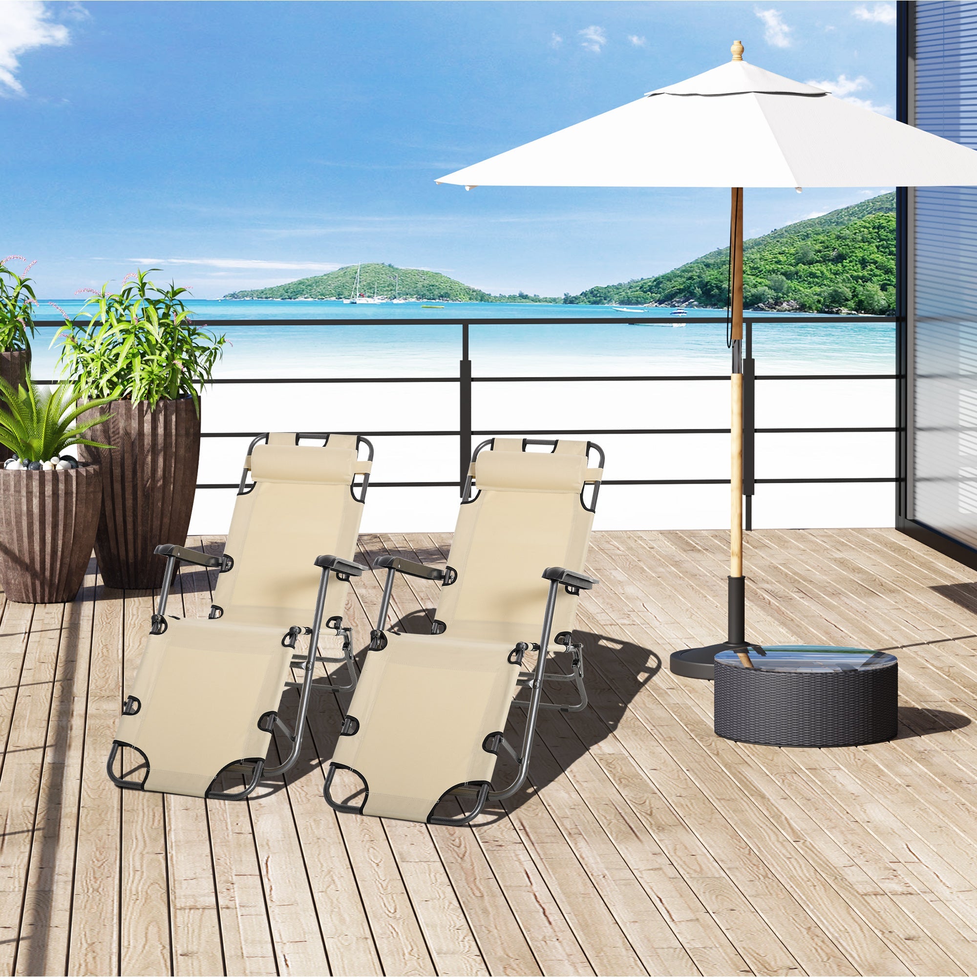 2 Pieces Foldable Sun Loungers with Adjustable Back, Outdoor Reclining Garden Chairs with Pillow and Armrests, Beige-1