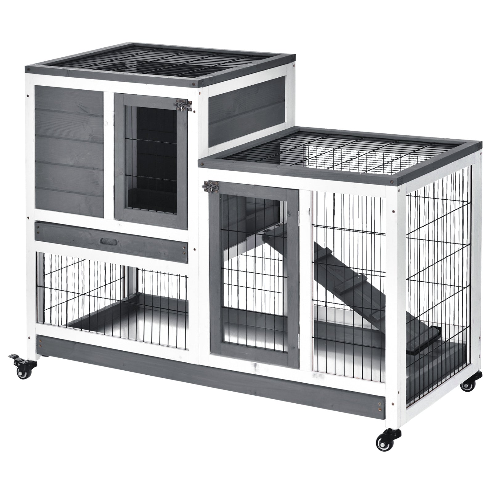 Wooden Indoor Guinea Pigs Hutches Elevated Cage Habitat with Enclosed Run with Wheels, Ideal for Rabbits and Guinea Pigs, Grey and White-0