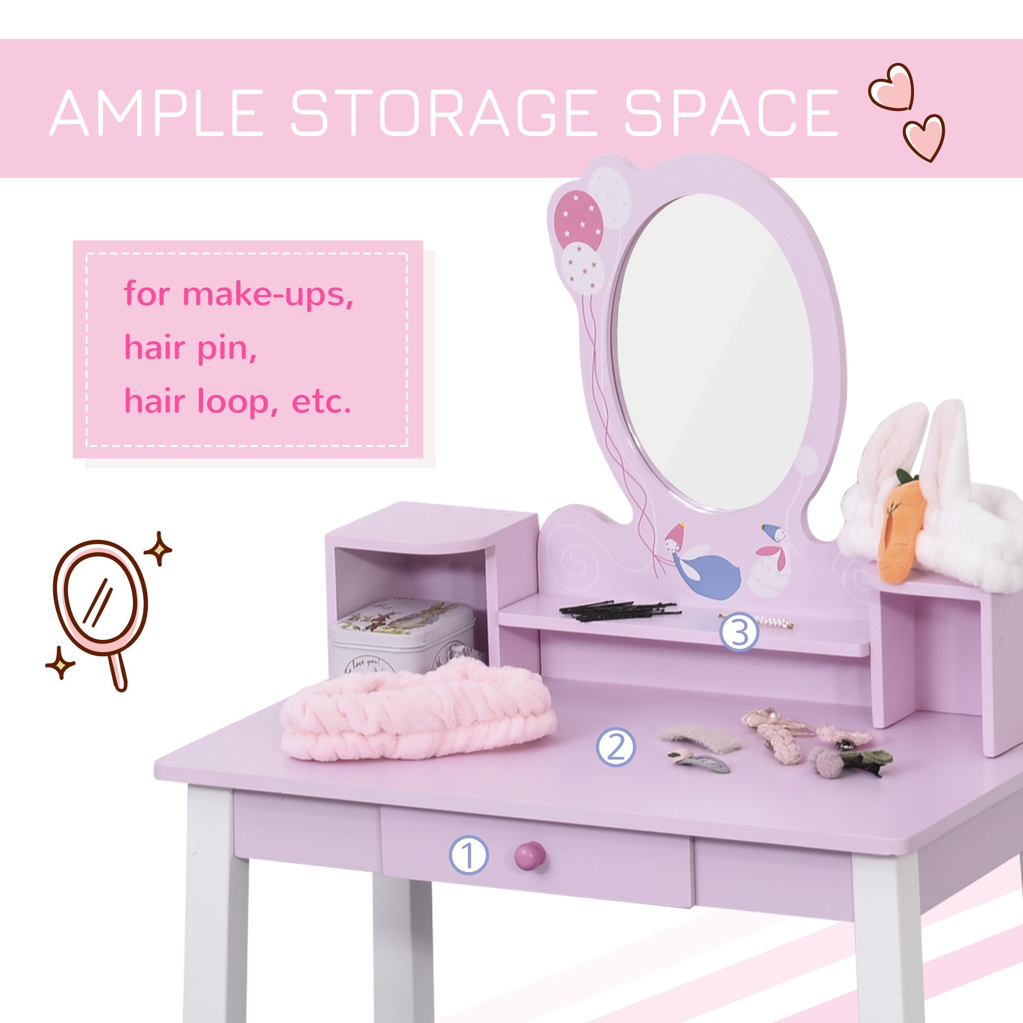 2 PCS Kids Wooden Dressing Table and Stool Girls Vanity Table Makeup Table Set with Mirror Drawers Role Play for Toddlers 3 Year+, Pink White-3