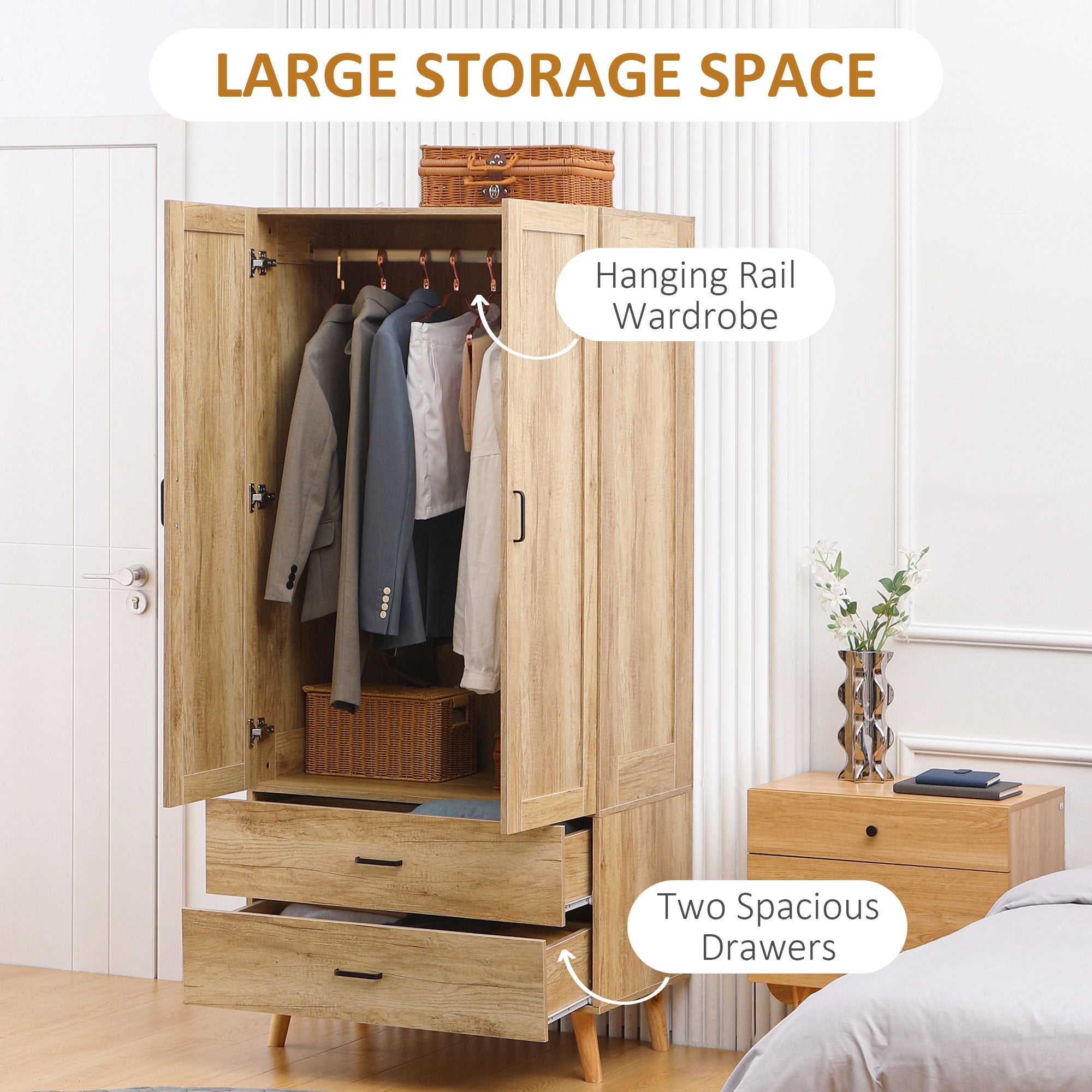 2 Door Wardrobe, Modern Wardrobe with 2 Drawer and Hanging Rail for Bedroom, Natural-3