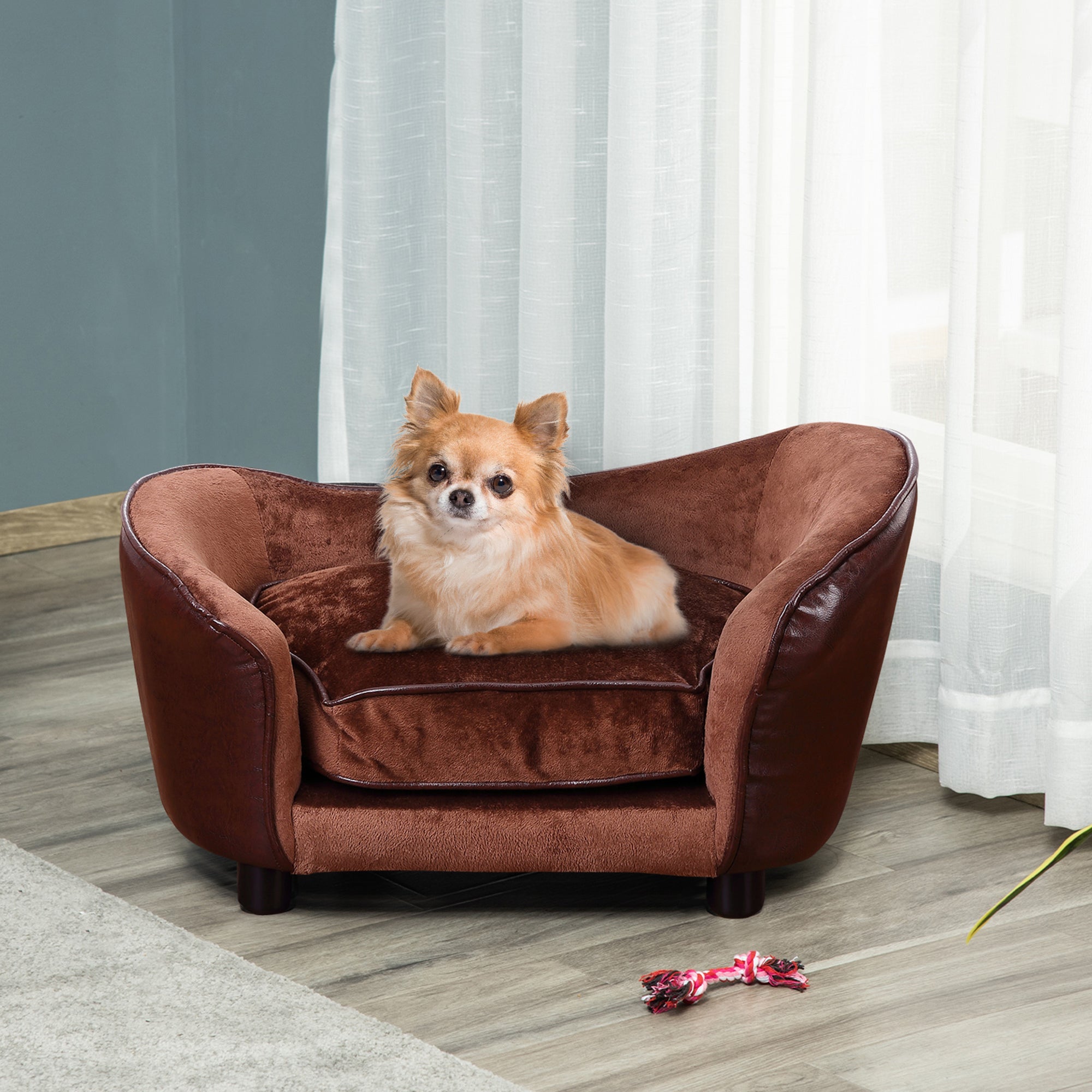 Dog Sofa Chair with Legs, Pet Couch with Soft Cushion for Extra Small Dogs Cats, Brown, 68.5 x 40.5 x 40.5 cm-1