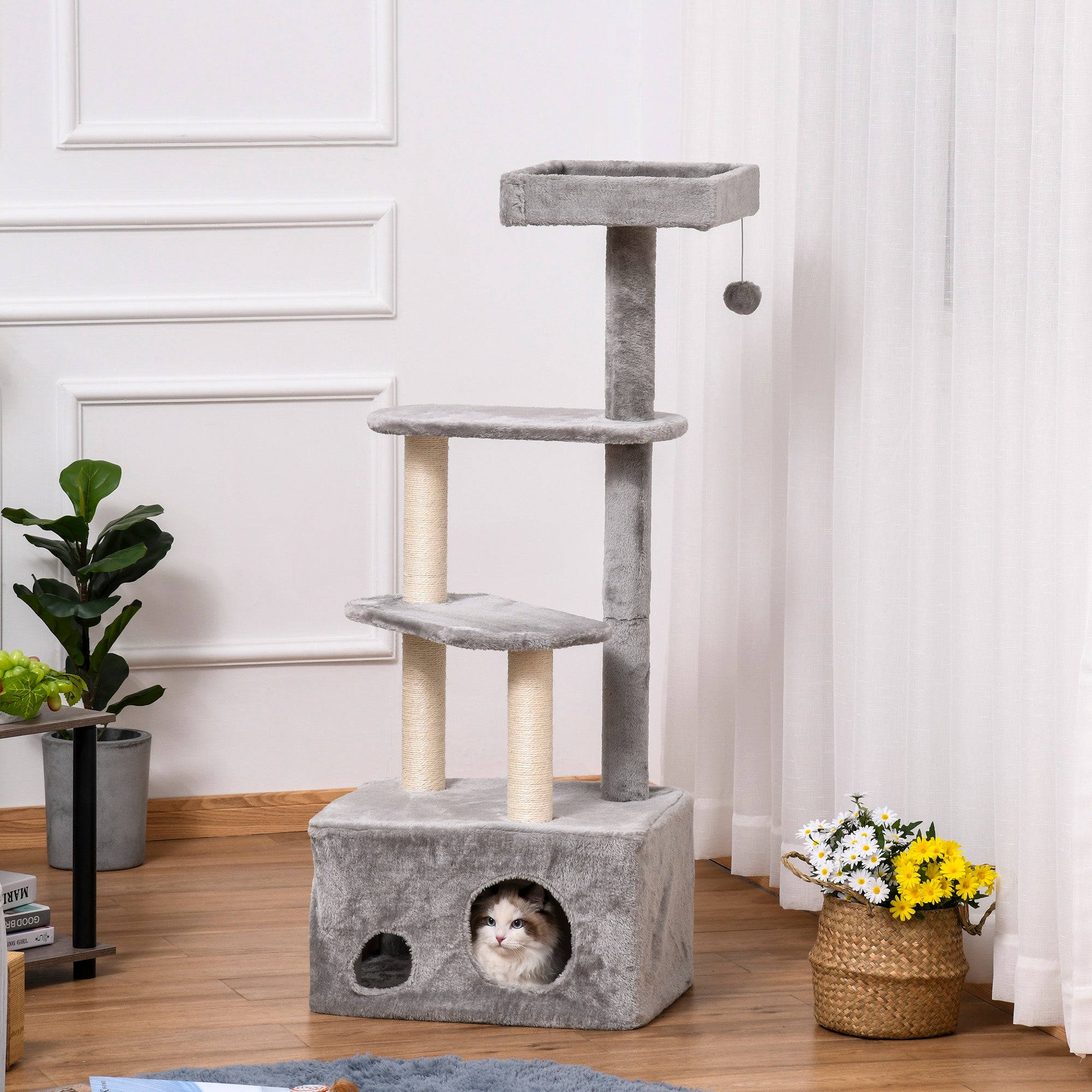 Cat Tree Kitten Tower 4-level Activity Centre Pet Furniture with Sisal Scratching Post Condo Plush Perches Hanging Ball Toys Grey-1