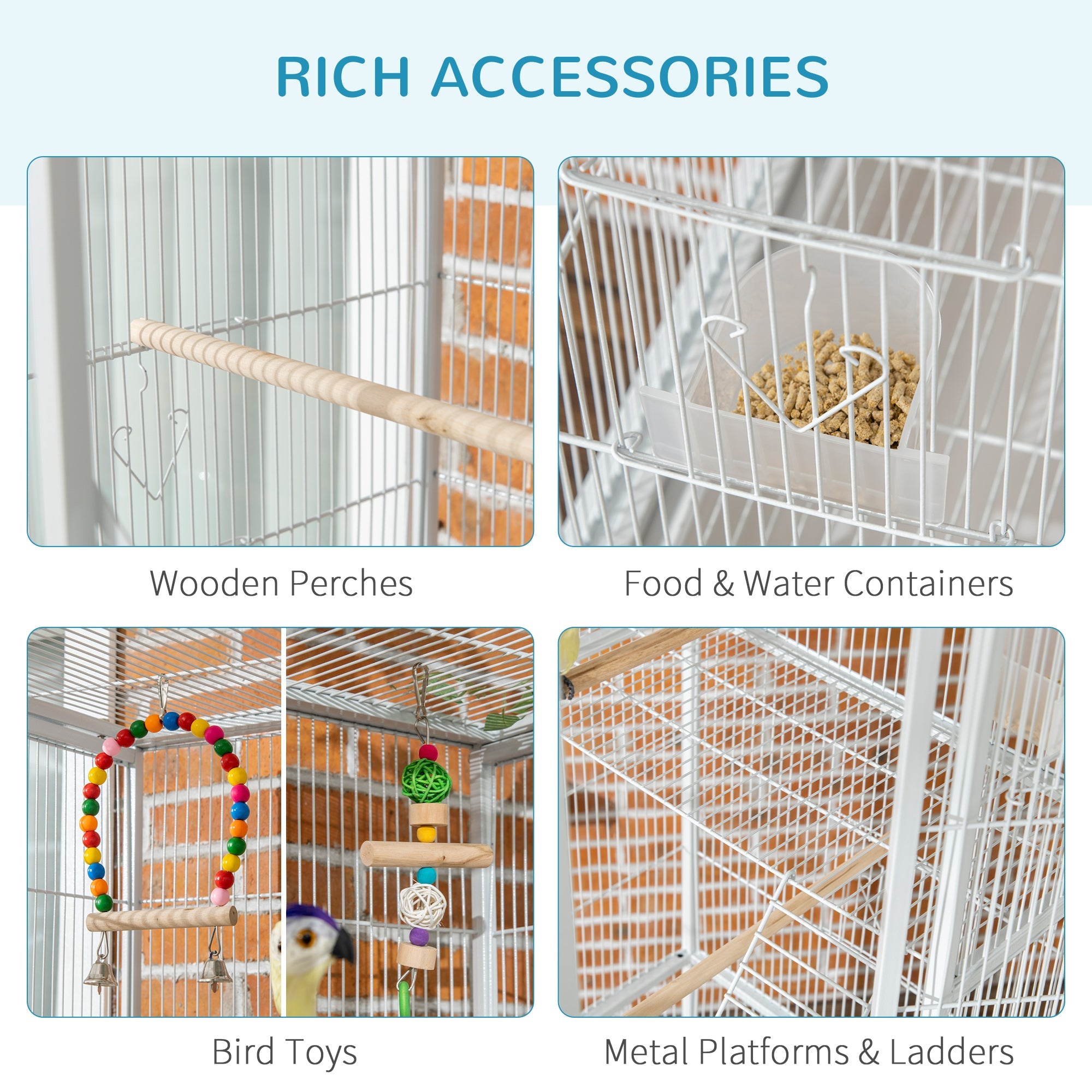 3 Tier Bird Cage with Stand, Wheels, Toys, Ladders, for Canaries, Finches, Cockatiels, Parakeets, Budgie Cage with Accessories - White-4