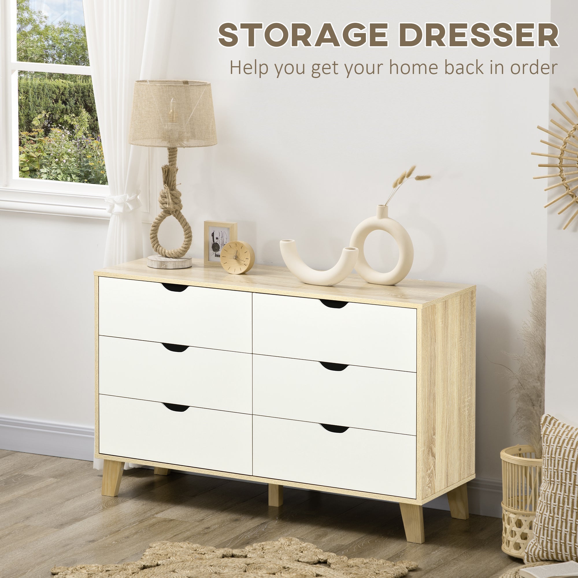 Wide Chest of Drawers, 6-Drawer Storage Organiser Unit with Wood Legs for Bedroom, Living Room, White and Light Brown-3