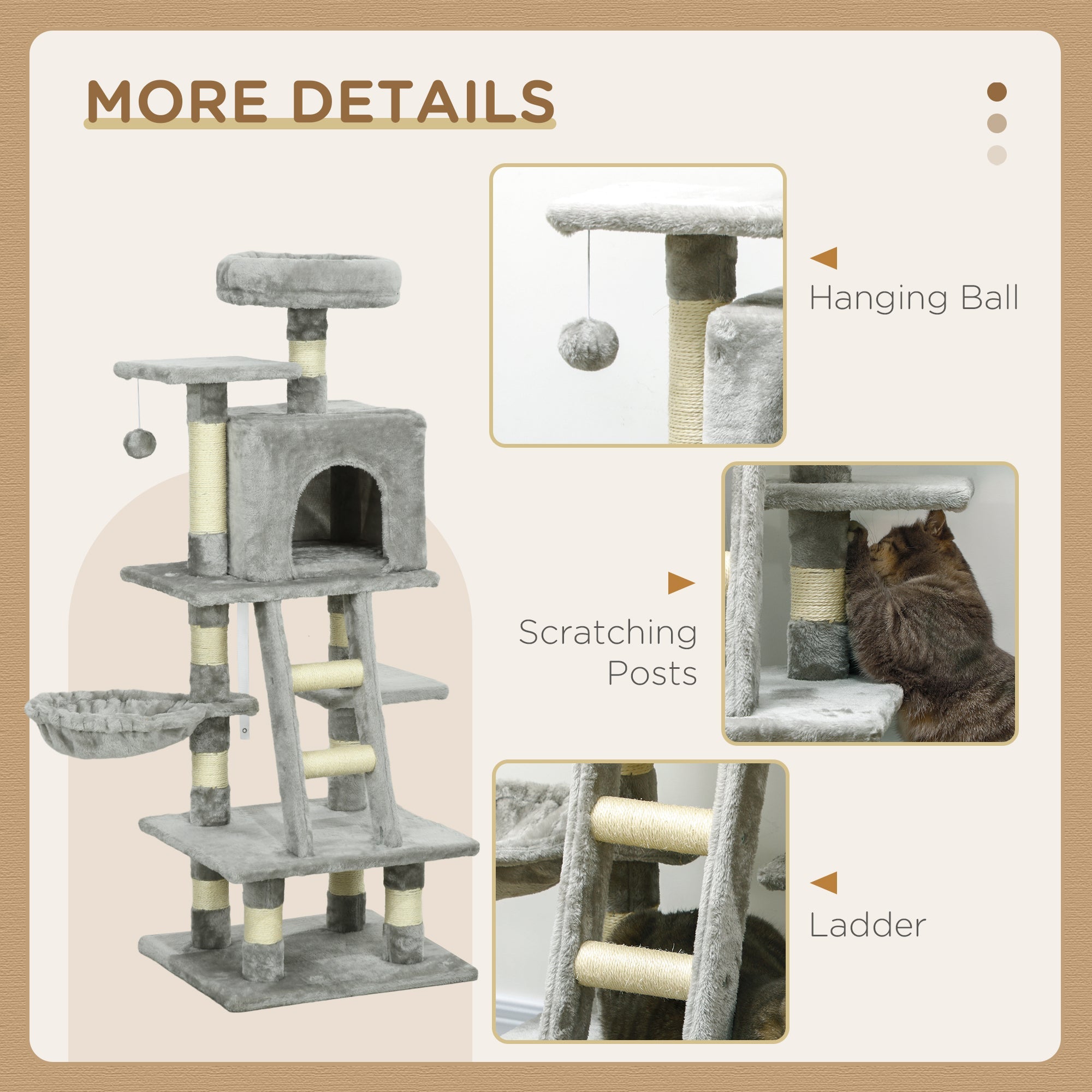 132cm Cat Tree with Scratching Post, House, Hammock, Grey-4