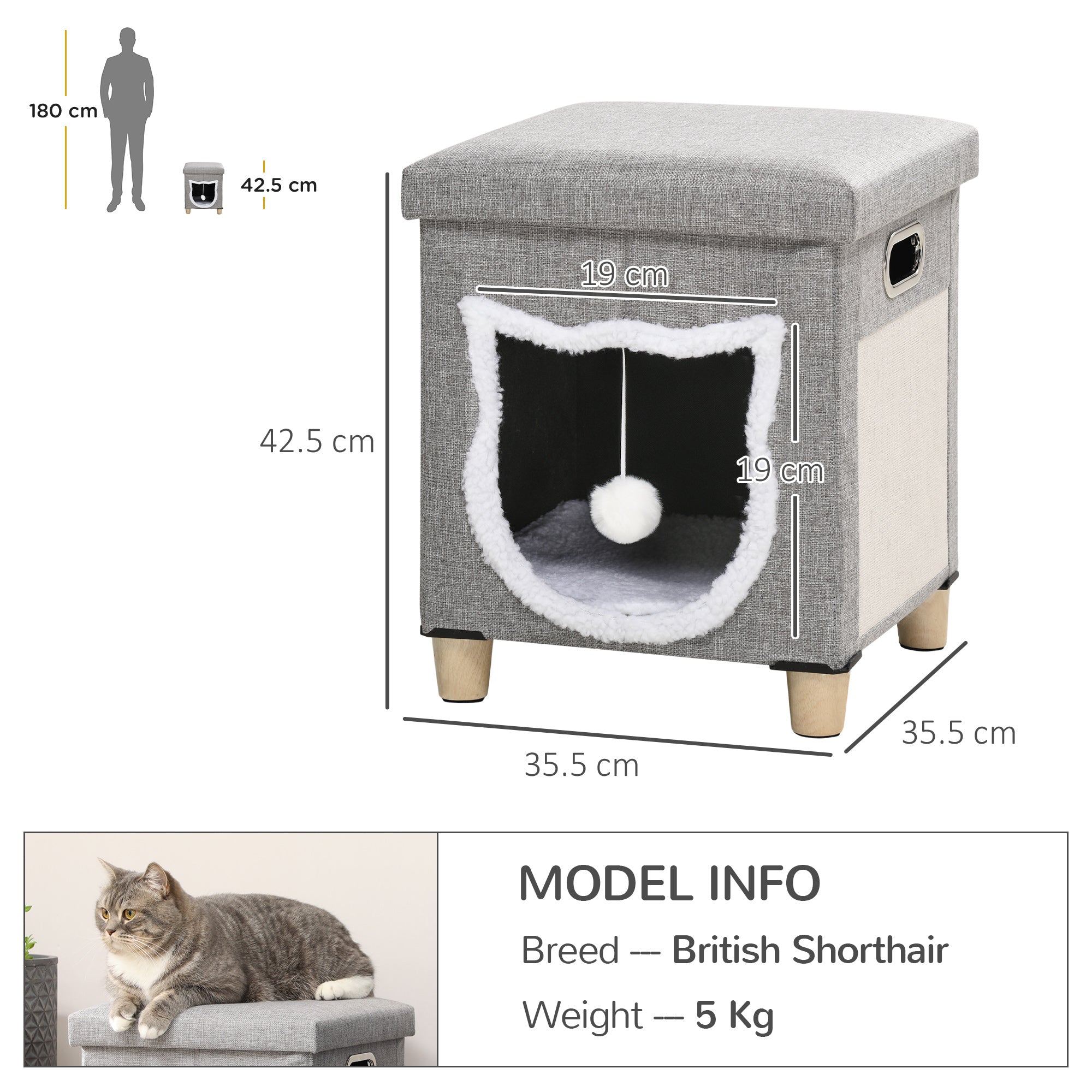 2 in 1 Cat Bed Ottoman, Comfortable Cat Sleeping Cave House w/ Removable Cushion, Scratching Pad, Handles, Anti-Slip Foot Pad, Toy Ball Grey-2