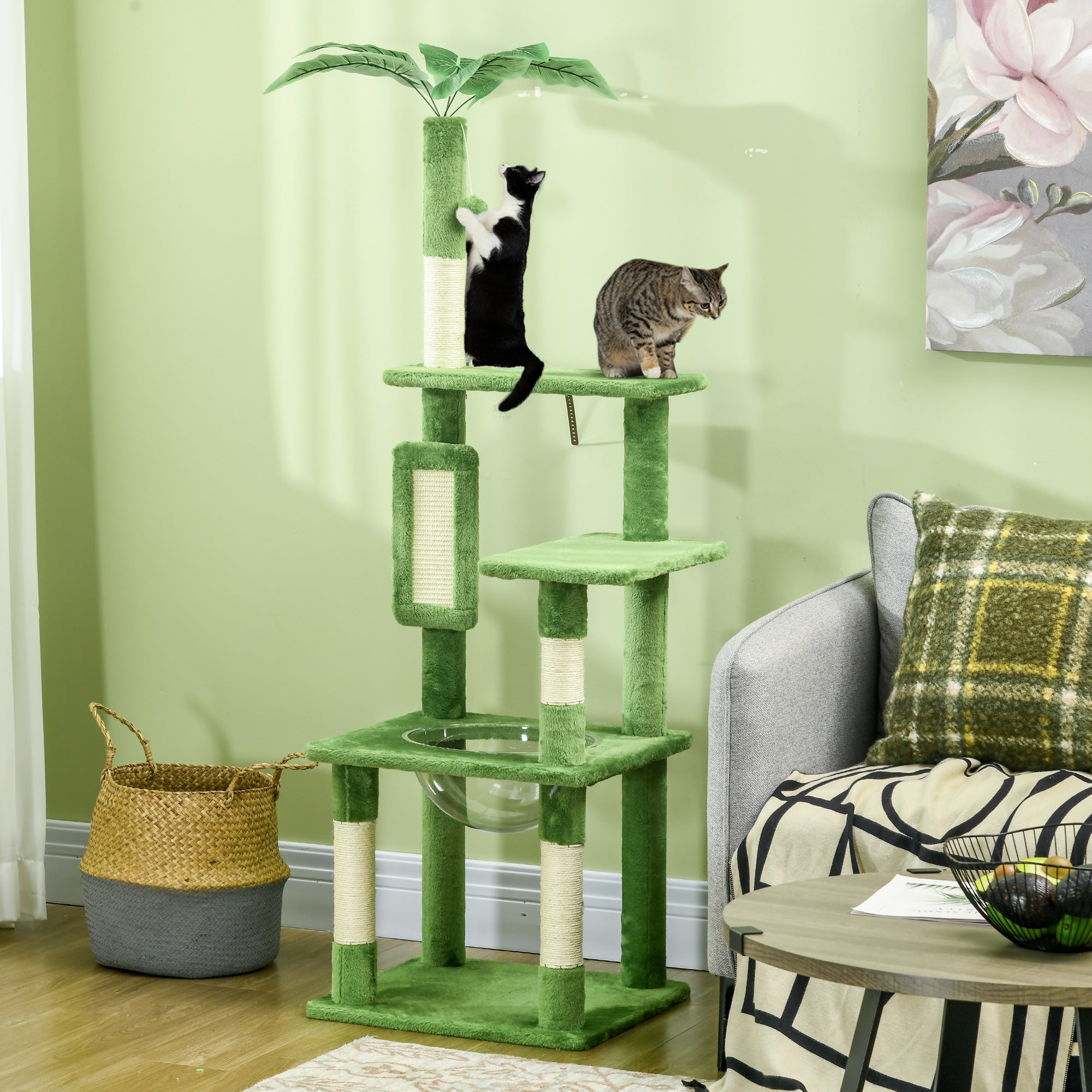 142cm Cat Tree Tower, with Scratching Post, Hammock, Toy Ball, Platforms - Green-1