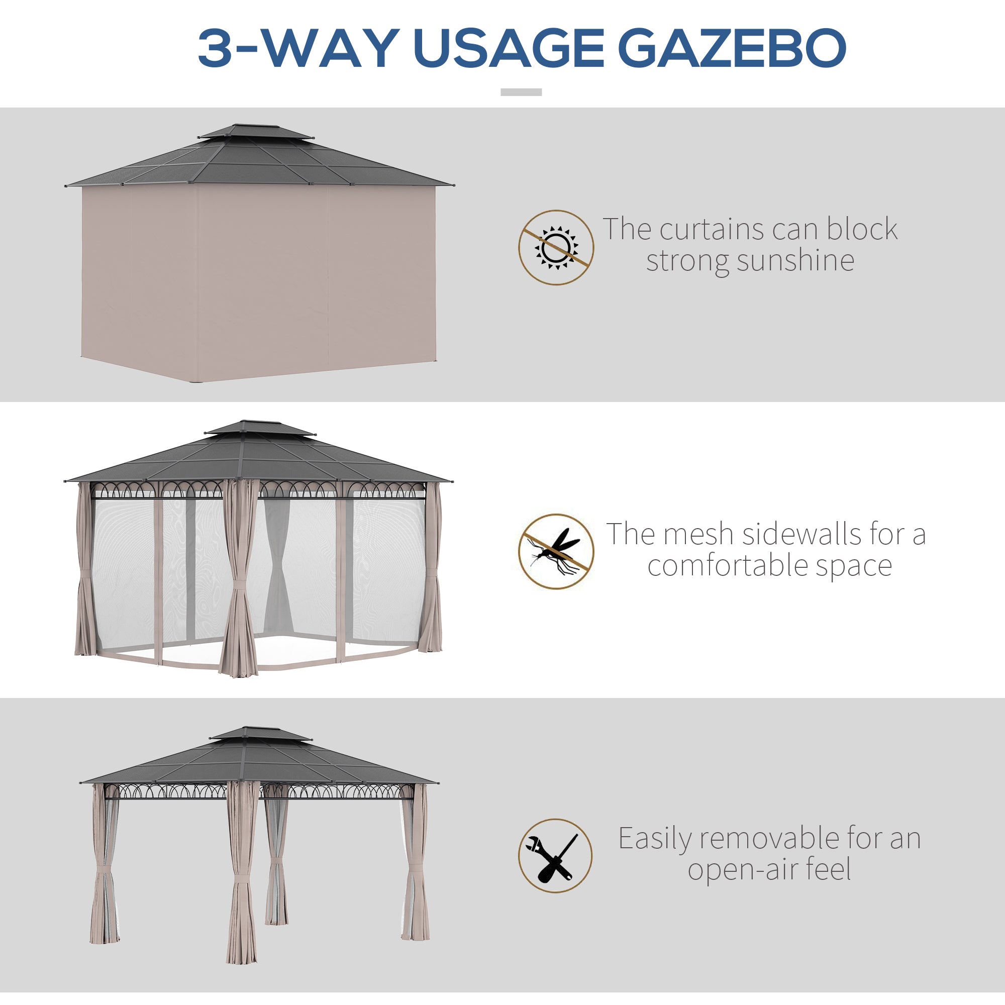 3.6 x 3 (m) Outdoor Polycarbonate Gazebo, Double Roof Hard Top Gazebo with Nettings & Curtains for Garden, Lawn, Patio-4