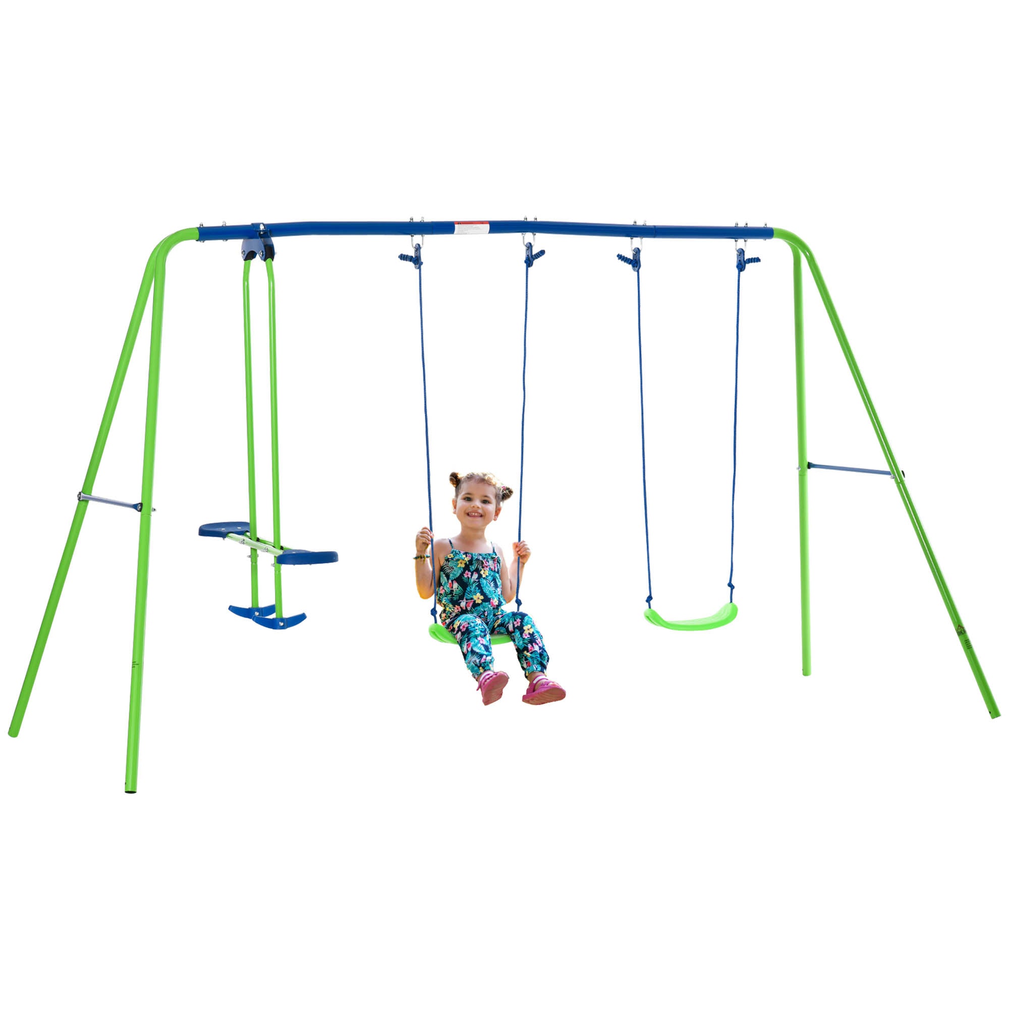 Metal Swings & Seesaw Set Double Seats with a Height Adjustable Children Outdoor Backyard Play Set for Toddlers Over 3 Years Old, Green-0