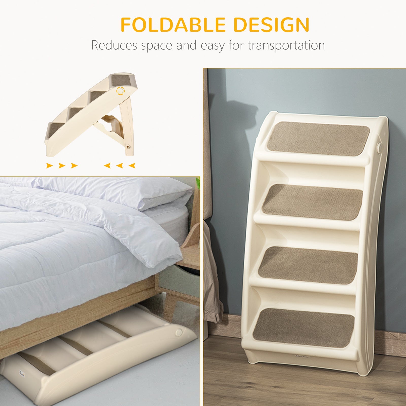 Foldable Pet Stairs, 4-Step for Cats Small Dogs with Non-slip Mats, 62 x 38 x 49.5 cm, Beige-3