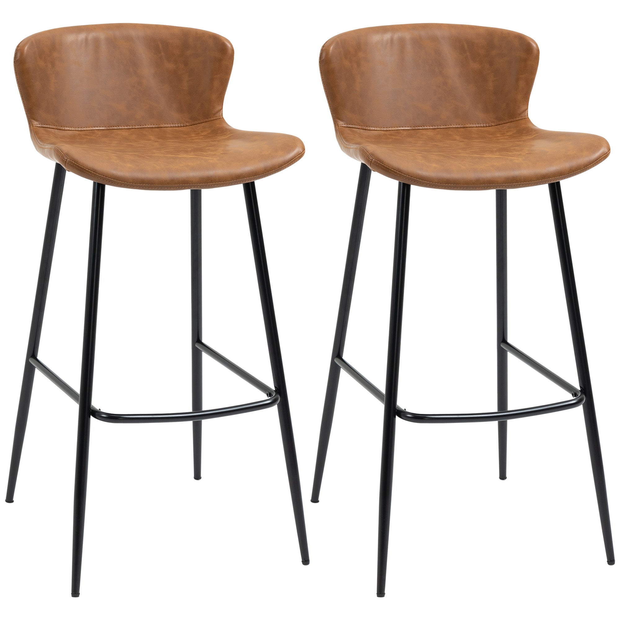 Bar Stools Set of 2, PU Leather Upholstered Bar Chairs, Kitchen Stools with Backs and Steel Legs for Dining Room, Brown-0