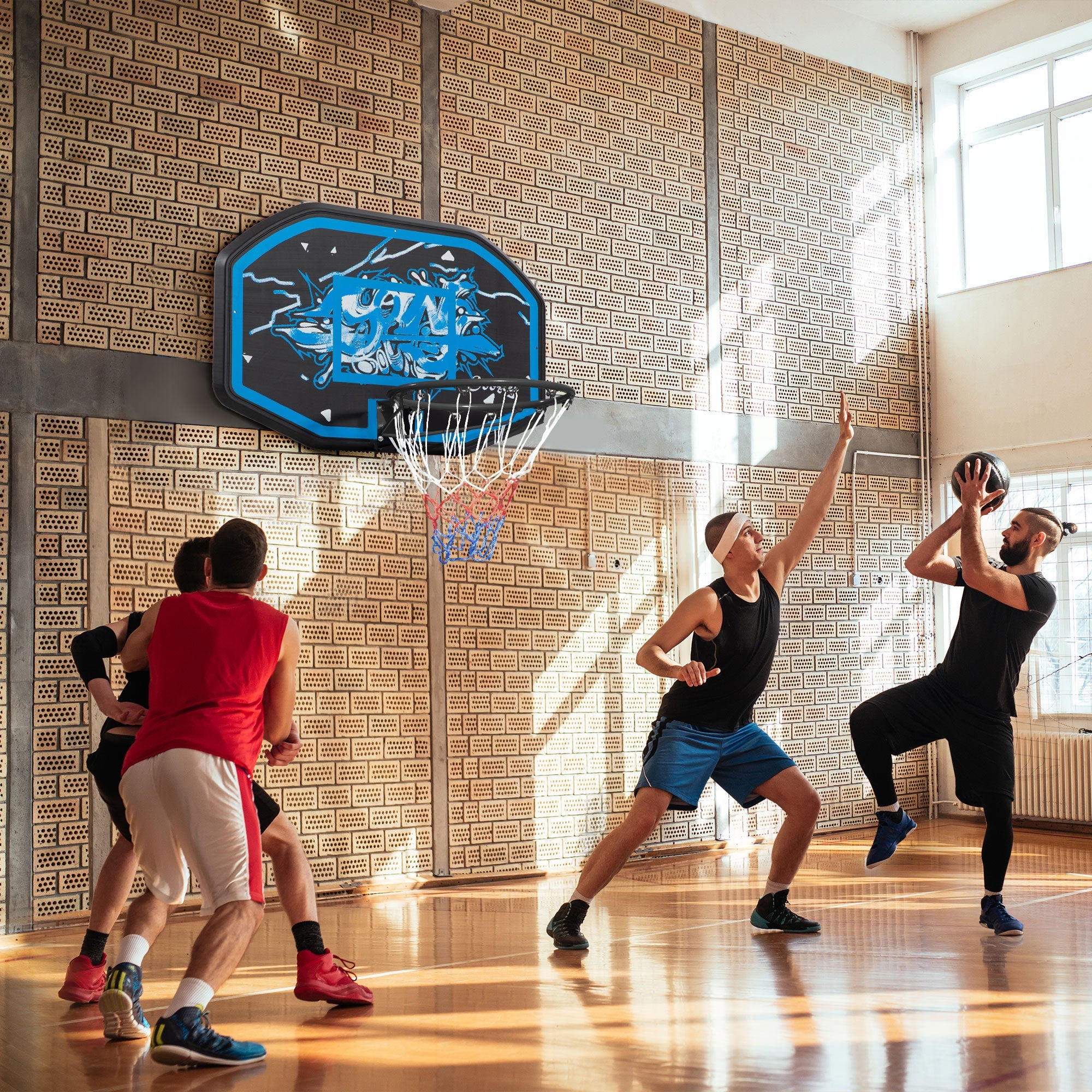 Wall Mounted Basketball Hoop, Mini Basketball Hoop and Backboard for Kids and Adults, Outdoors and Indoors Door & Wall Use, Blue and White-1