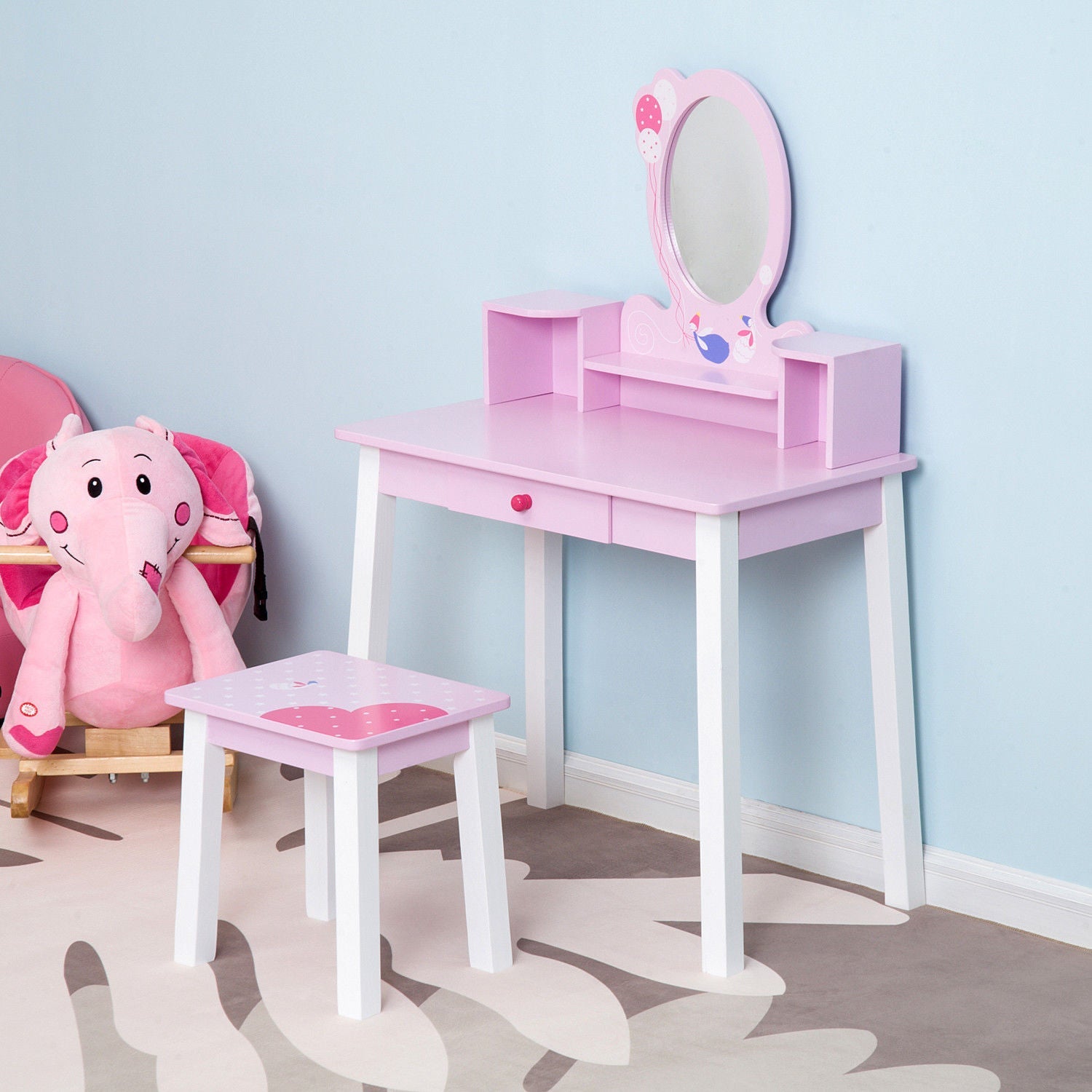 2 PCS Kids Wooden Dressing Table and Stool Girls Vanity Table Makeup Table Set with Mirror Drawers Role Play for Toddlers 3 Year+, Pink White-1