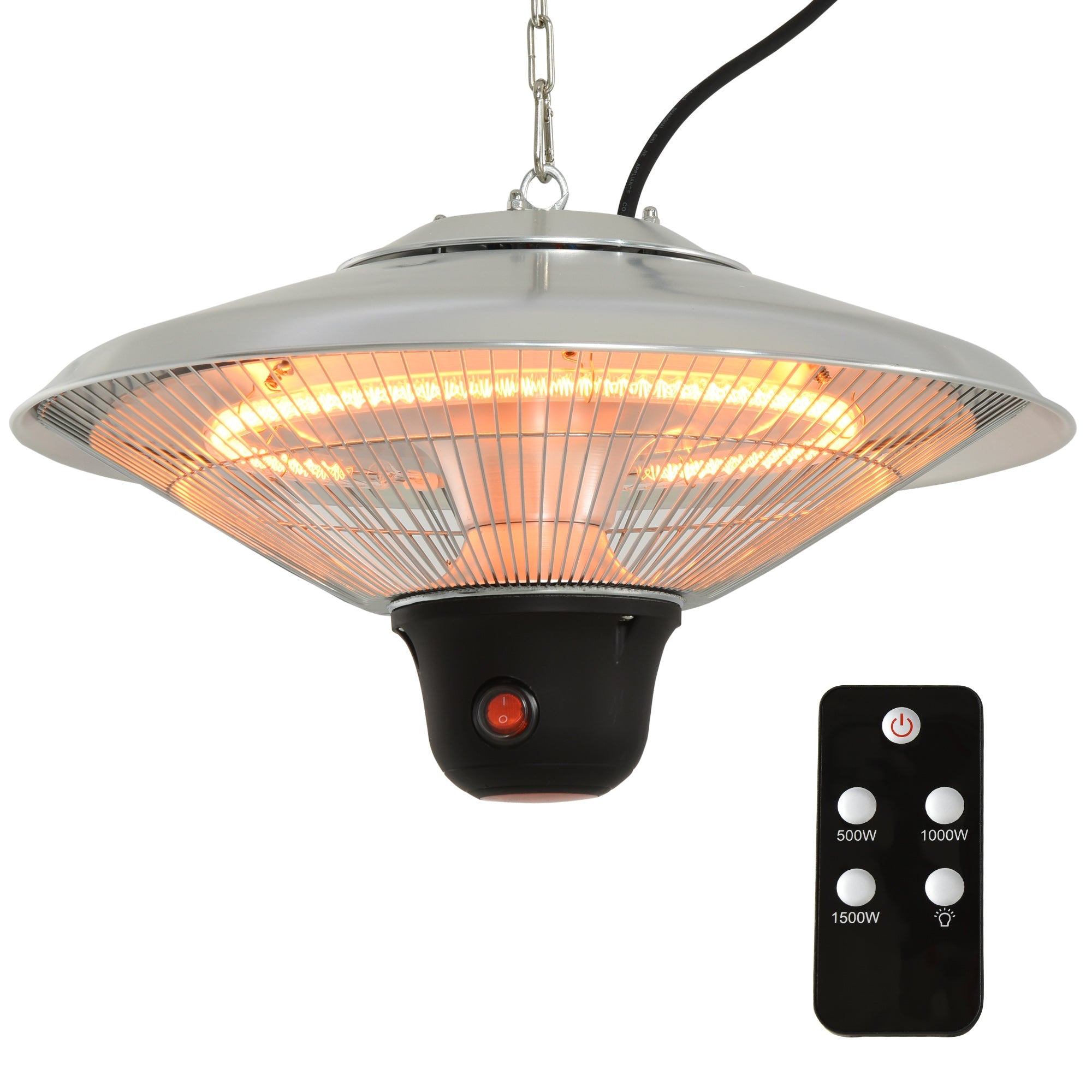 1500W Patio Heater Outdoor Ceiling Mounted Aluminium Halogen Electric Hanging Heating Light with Remote Control and 3 Heat Settings, Silver-0