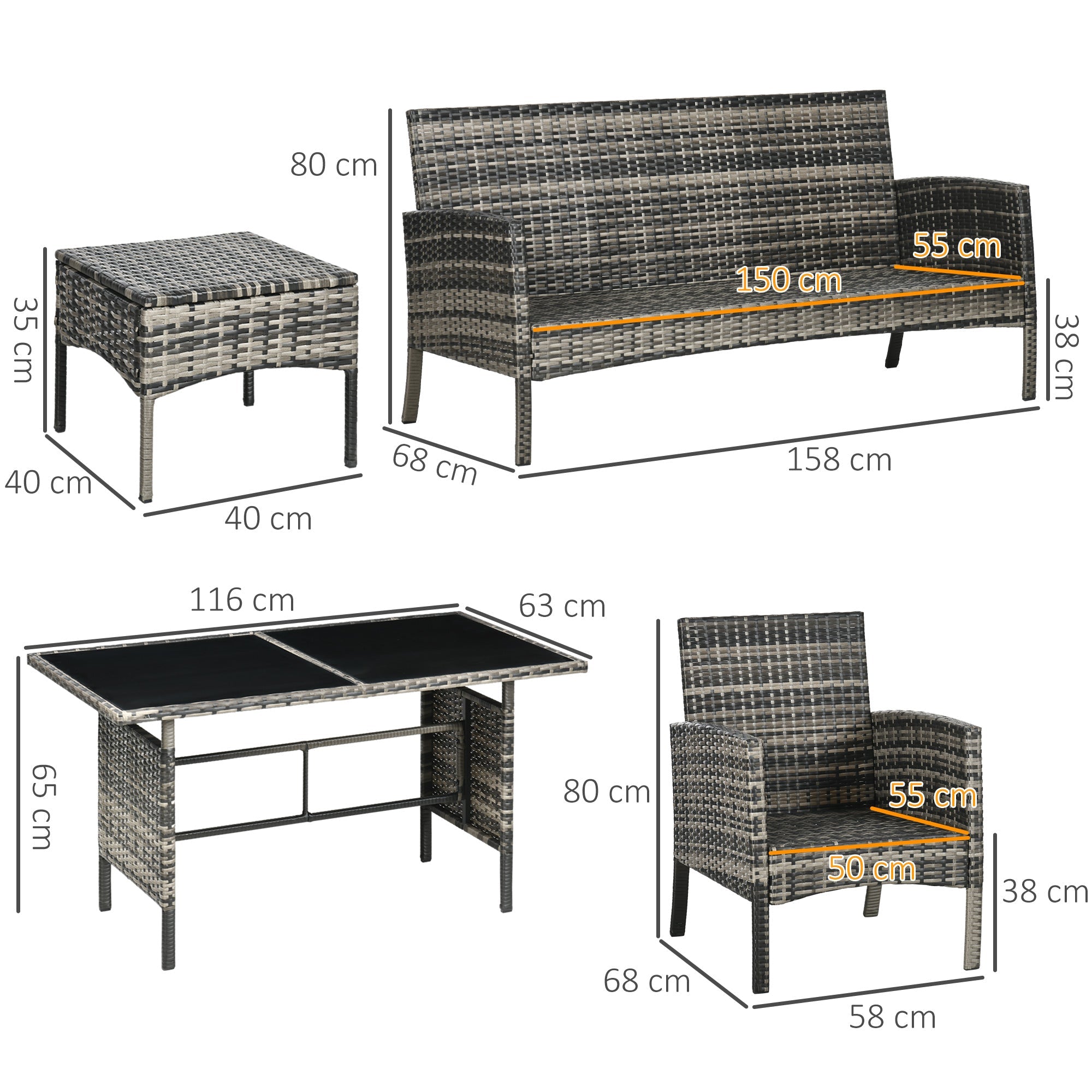 5 Seater Rattan Garden Furniture Set, 2 Armchairs, 3-seater Wicker Sofa, 2 Footstools Glass Table 6 Piece Patio Sofa Sets for Conservatory-2