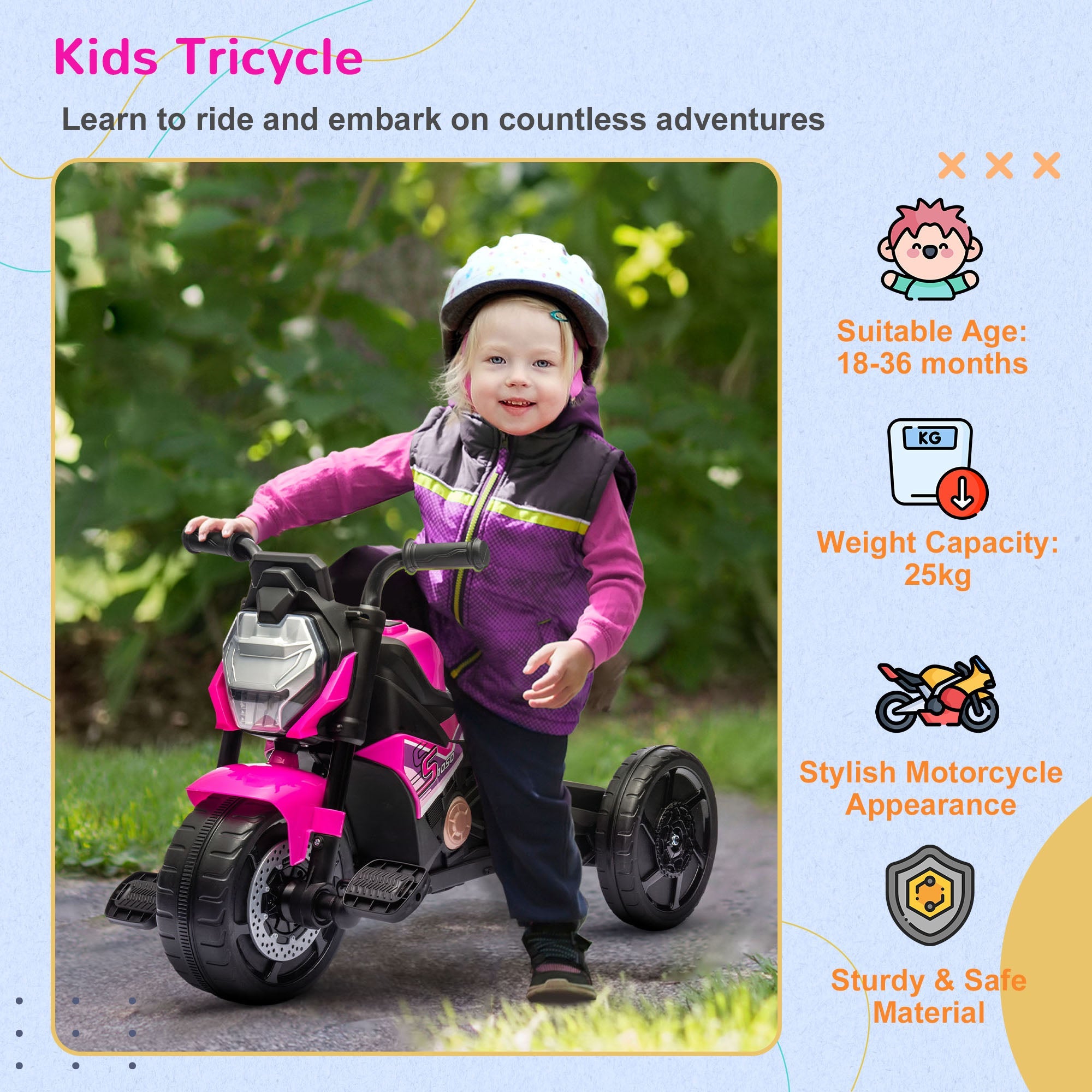 Motorcycle Design 3 in 1 Toddler Trike, Sliding Car, Balance Bike with Headlight, Music, Horn, Pink-3