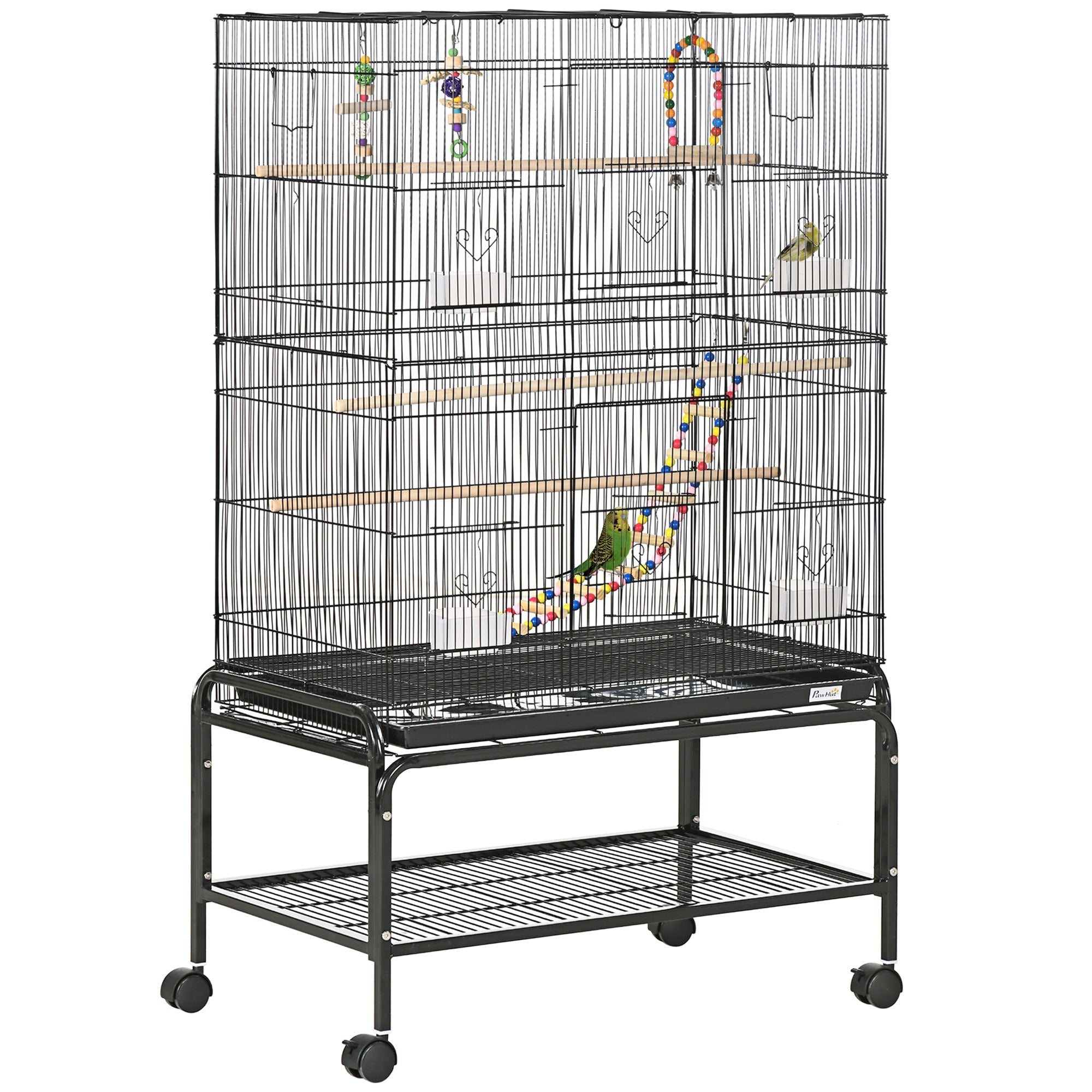 Bird Cage with Stand, Toys, Wheels, for Canaries, Finches, Lovebirds, Parakeets, Budgie Cage with Accessories, Storage Shelf, Black-0