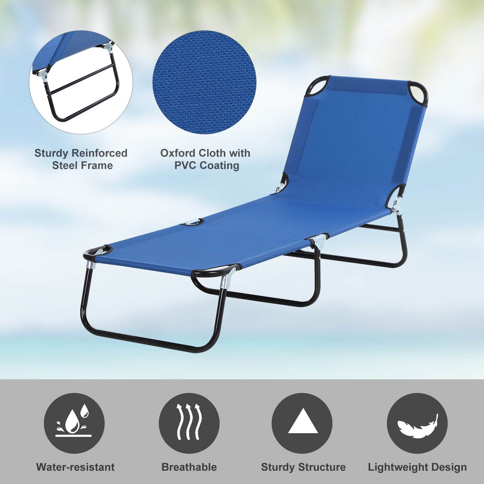 2 Pcs Foldable Sun Lounger Set w/ 5-Position Adjustable Backrest, Portable Relaxer Recliner w/ Lightweight Frame Great for Sun Bathing, Blue-4