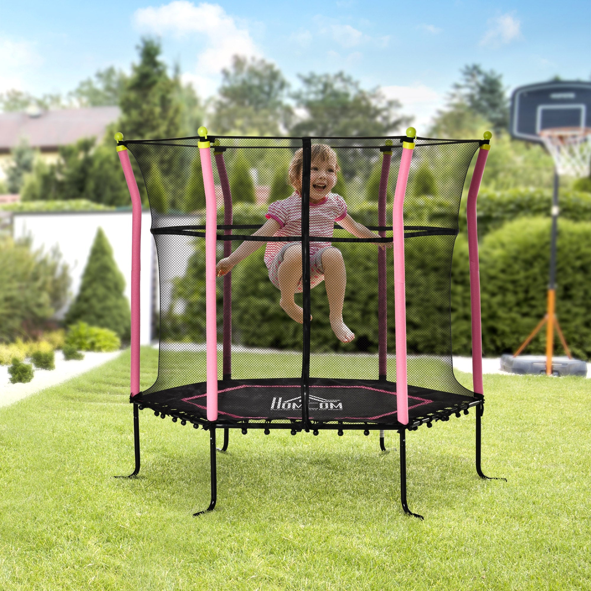 5.2FT / 63 Inch Kids Trampoline With Enclosure Net Mini Indoor Outdoor Trampolines for Child Toddler Age 3 - 10 Years Pink-1