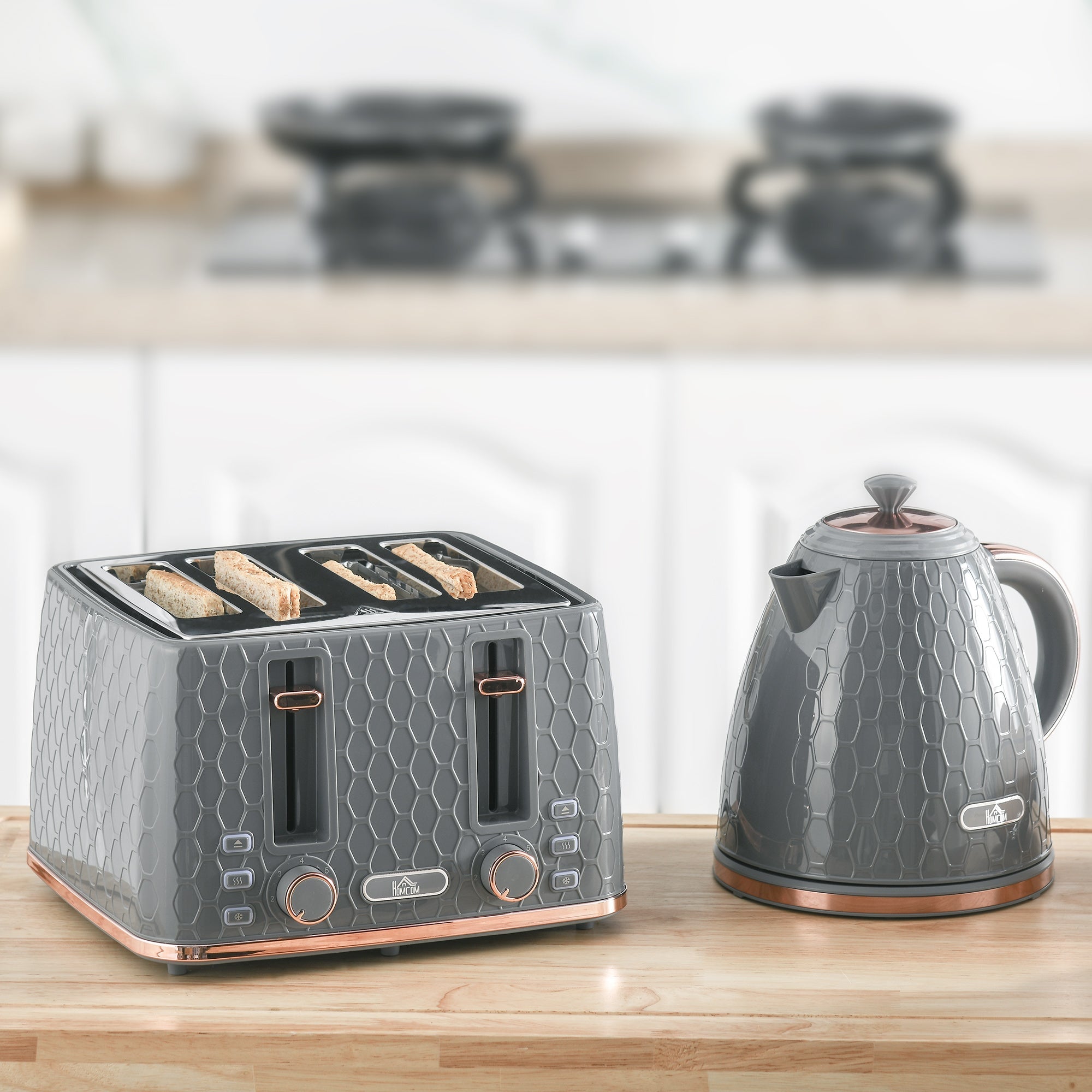 1.7L 3000W Fast Boil Kettle & 4 Slice Toaster Set, Kettle and Toaster Set with 7 Browning Controls, Crumb Tray, Grey-1