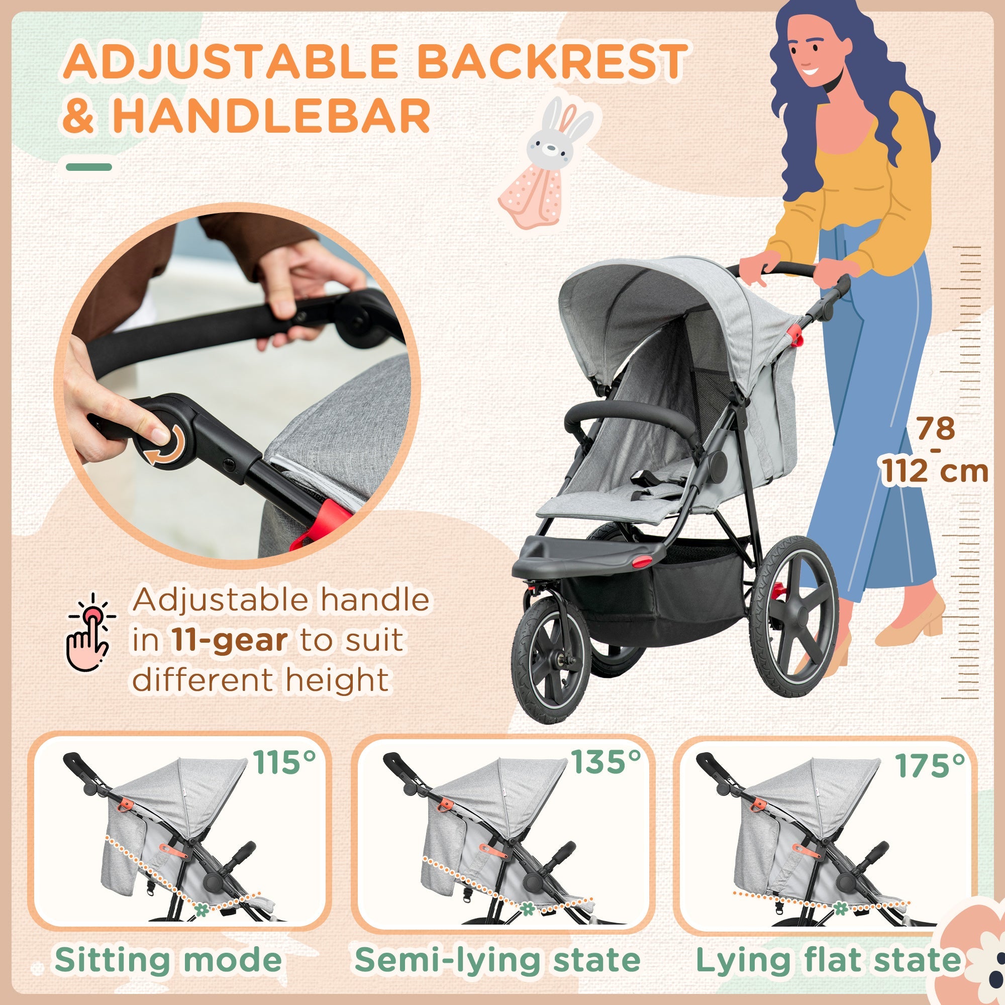 Foldable Three-Wheeler Baby Stroller w/ Canopy, Storage Basket - Grey-4