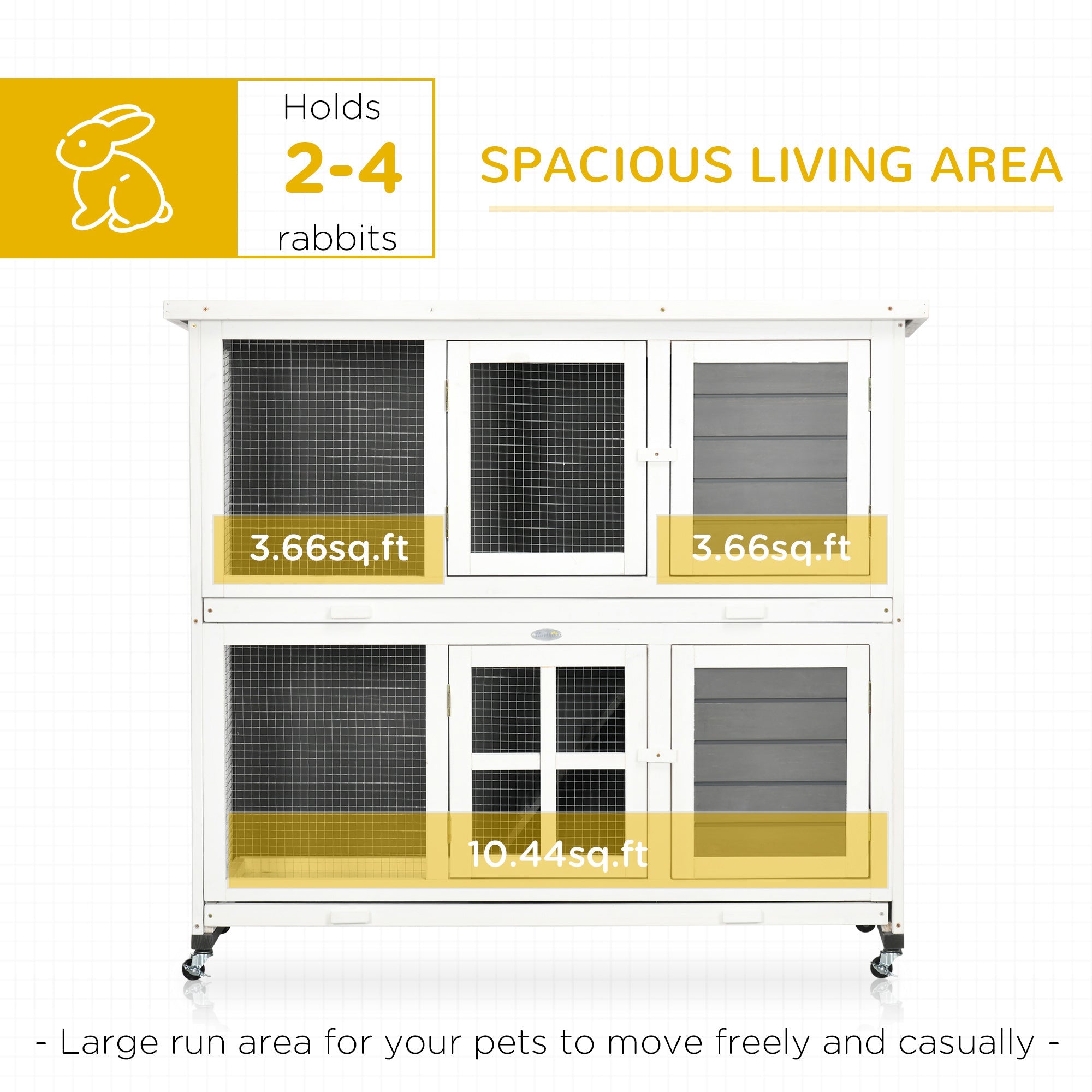 Wooden Rabbit Hutch with Wheels, Guinea Pig Cage, Small Animal House for Outdoor & Indoor with Slide-out Trays, 119 x 50.5 x 109cm, Grey-3