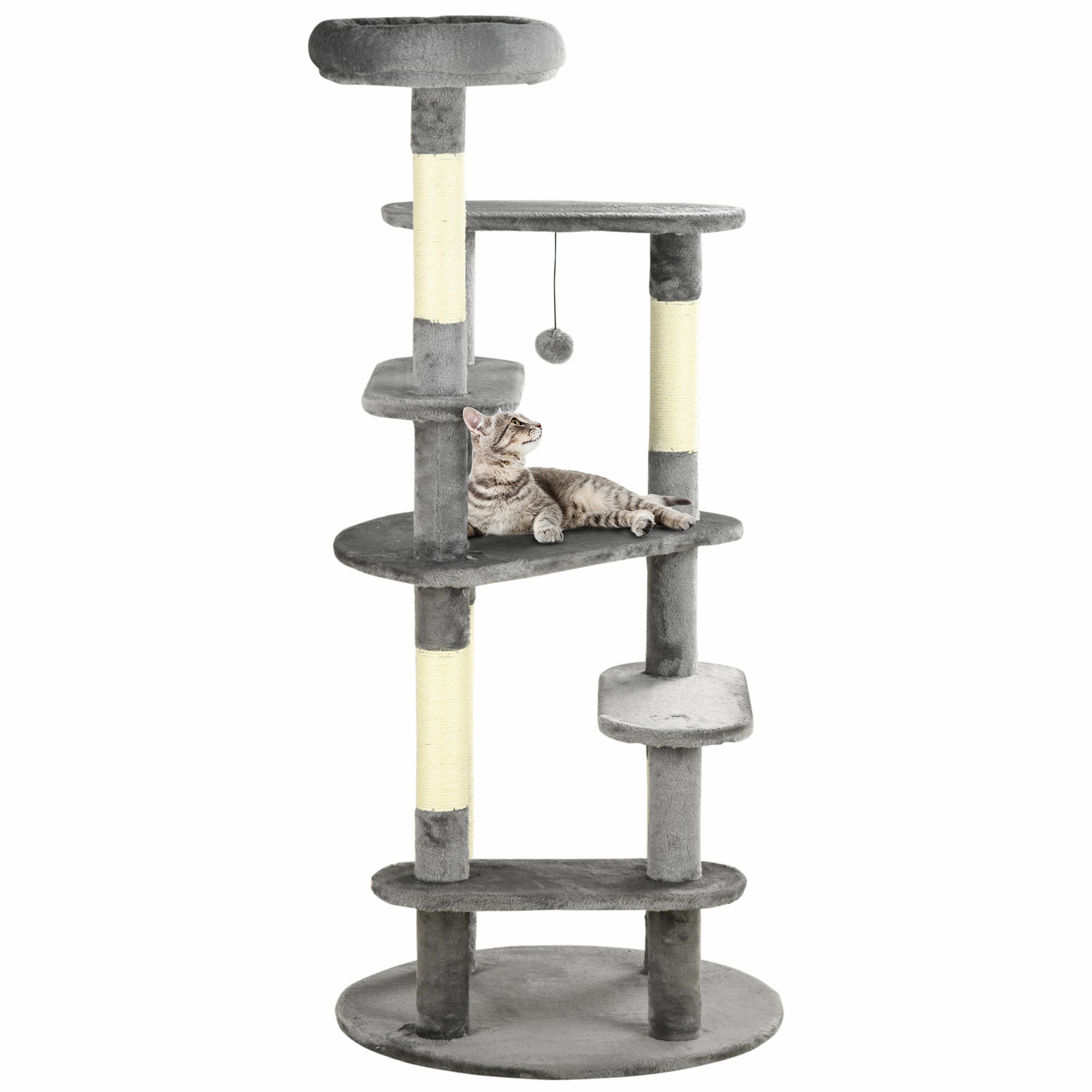 136cm Cat Tree for Indoor Cats, Modern Cat Tower with Scratching Posts, Bed, Toy Ball - Grey-0