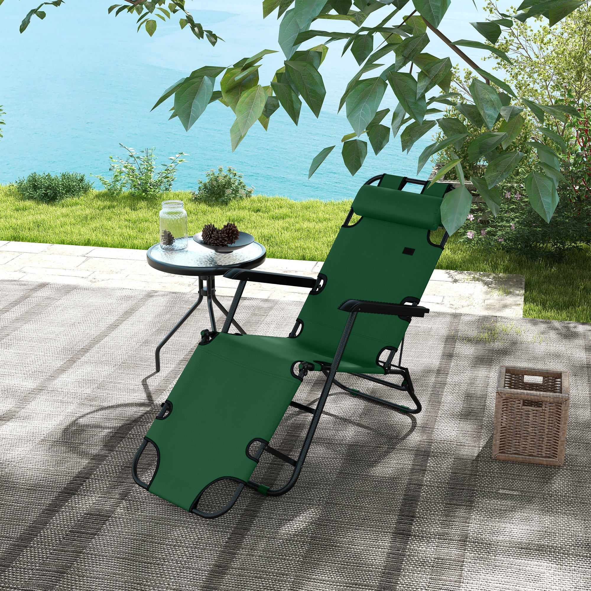 2 in 1 Sun Lounger Folding Reclining Chair Garden Outdoor Camping Adjustable Back with Pillow, Green-1