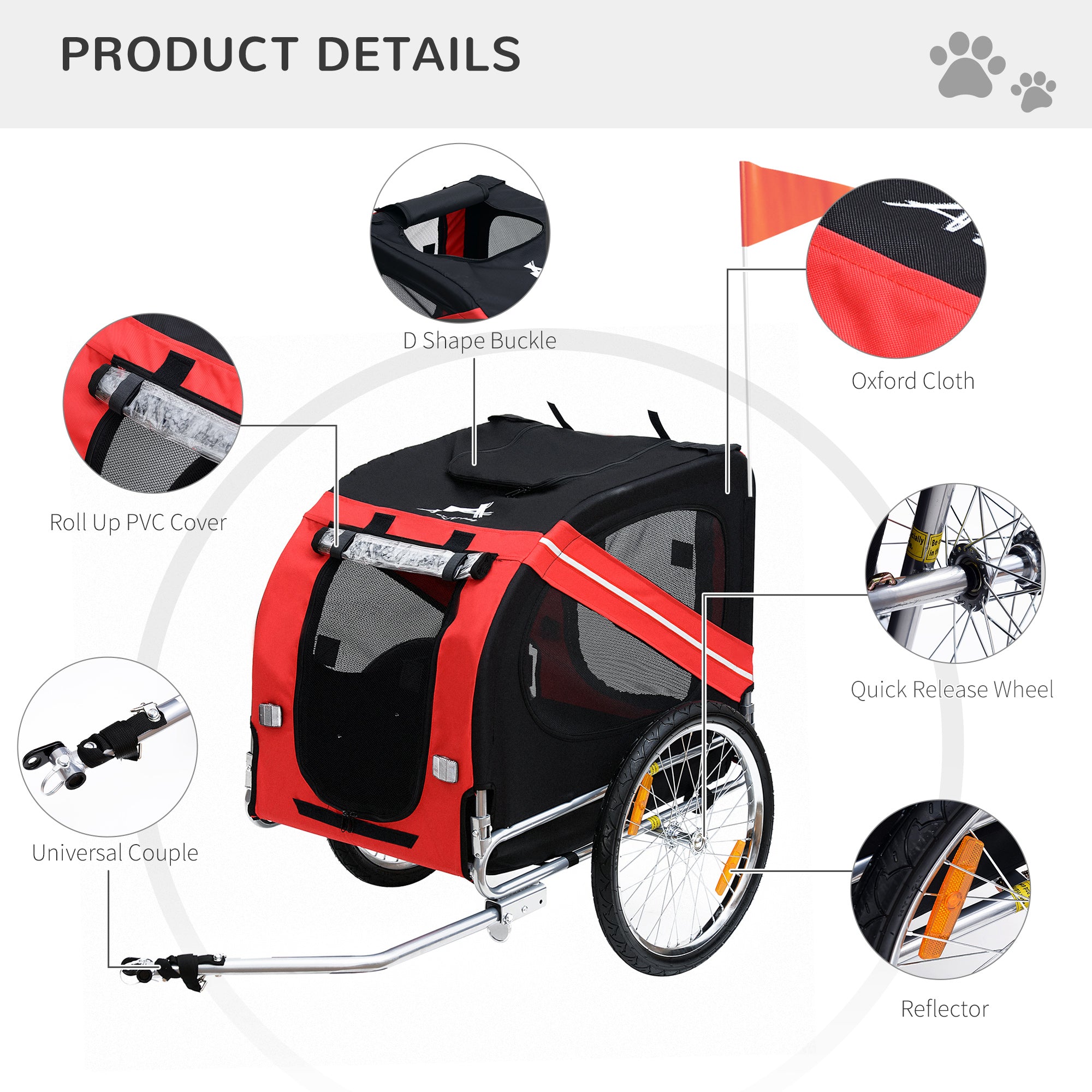 Dog Bike Trailer Bicycle Pet Trailer Folding Dog Carrier Bicycle in Steel Frame Stroller - Red & Black-3