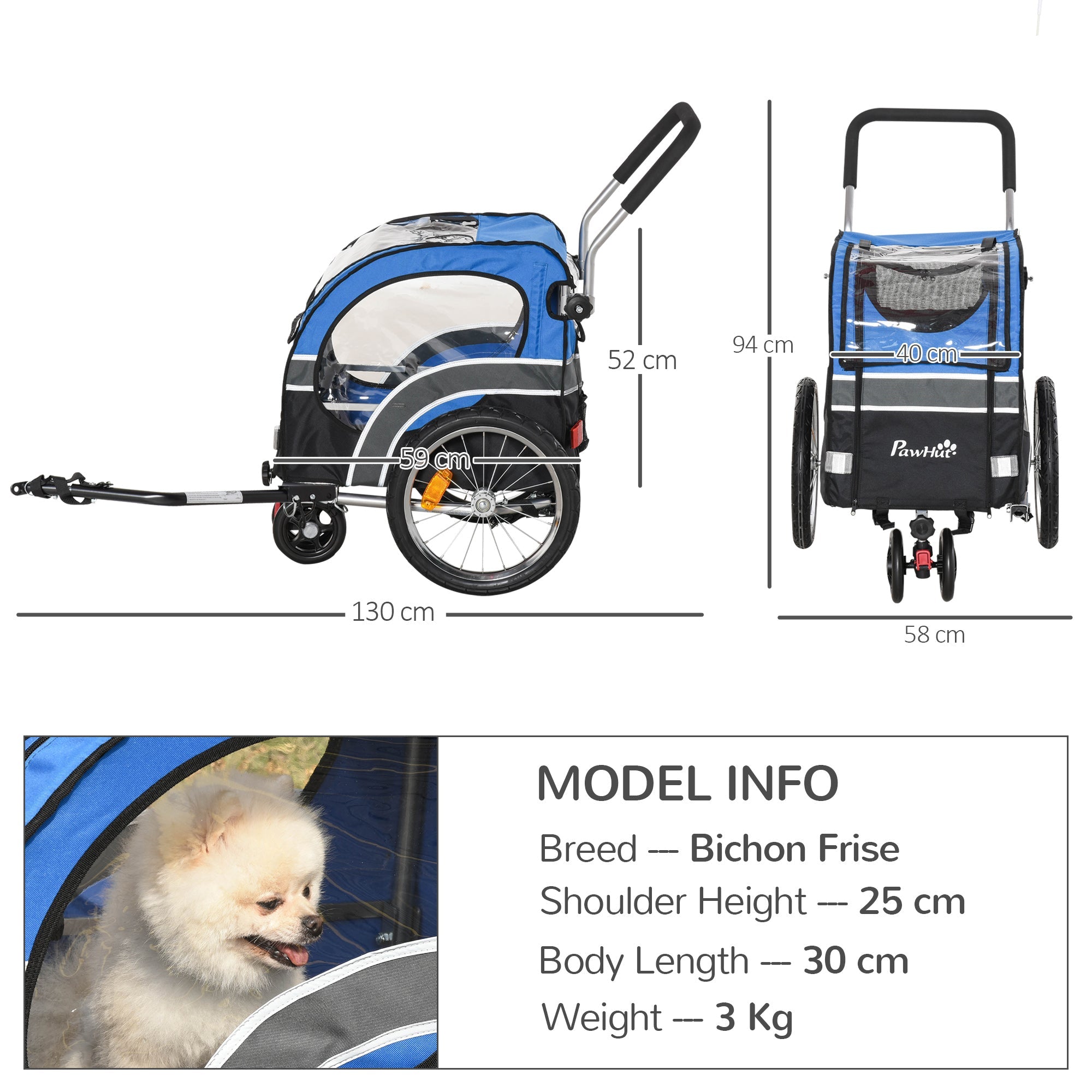 Dog Bike Trailer 2-in-1 Pet Cart Carrier Stroller Pushchair for Bicycle with 360° Rotatable Front Wheel Reflectors Weather Resistant Blue-2