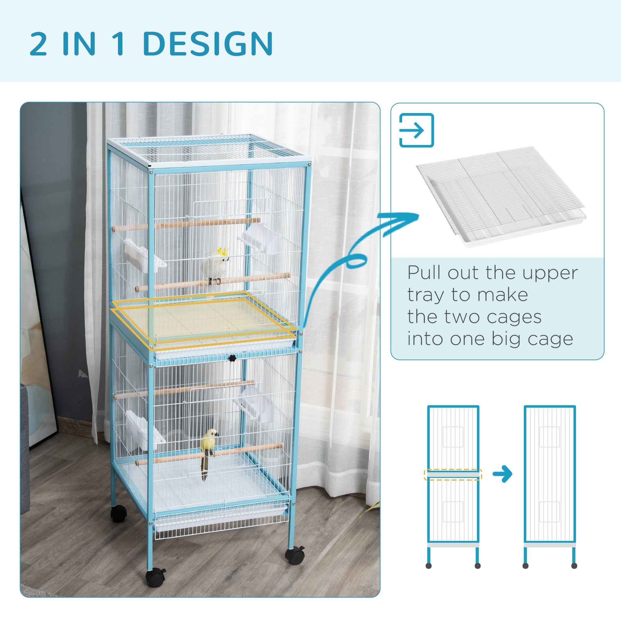 2 In 1 Large Bird Cage Aviary for Finch Canaries, Budgies with Wheels, Slide-out Trays, Wood Perch, Food Containers, Light Blue-2