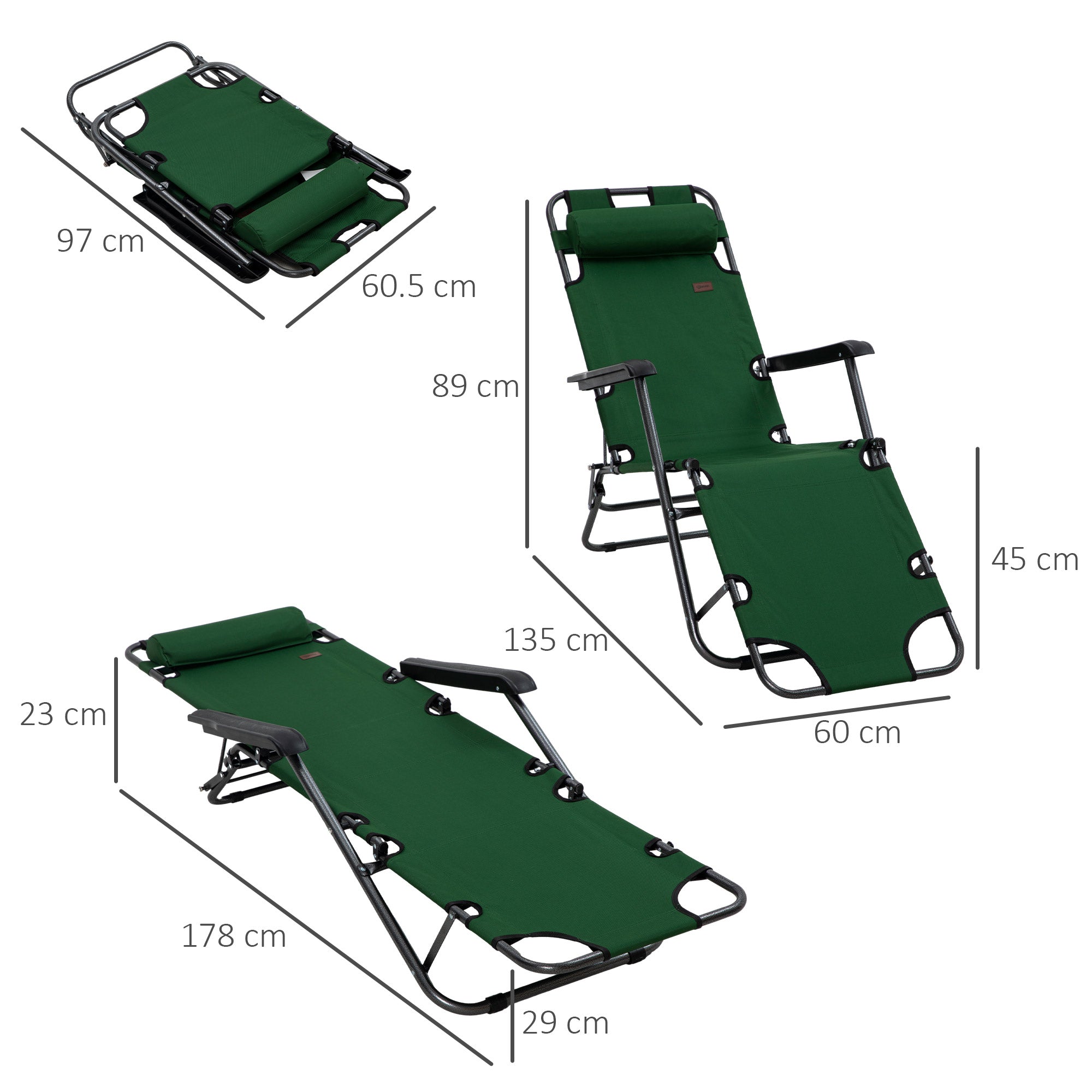 2 in 1 Sun Lounger Folding Reclining Chair Garden Outdoor Camping Adjustable Back with Pillow, Green-2