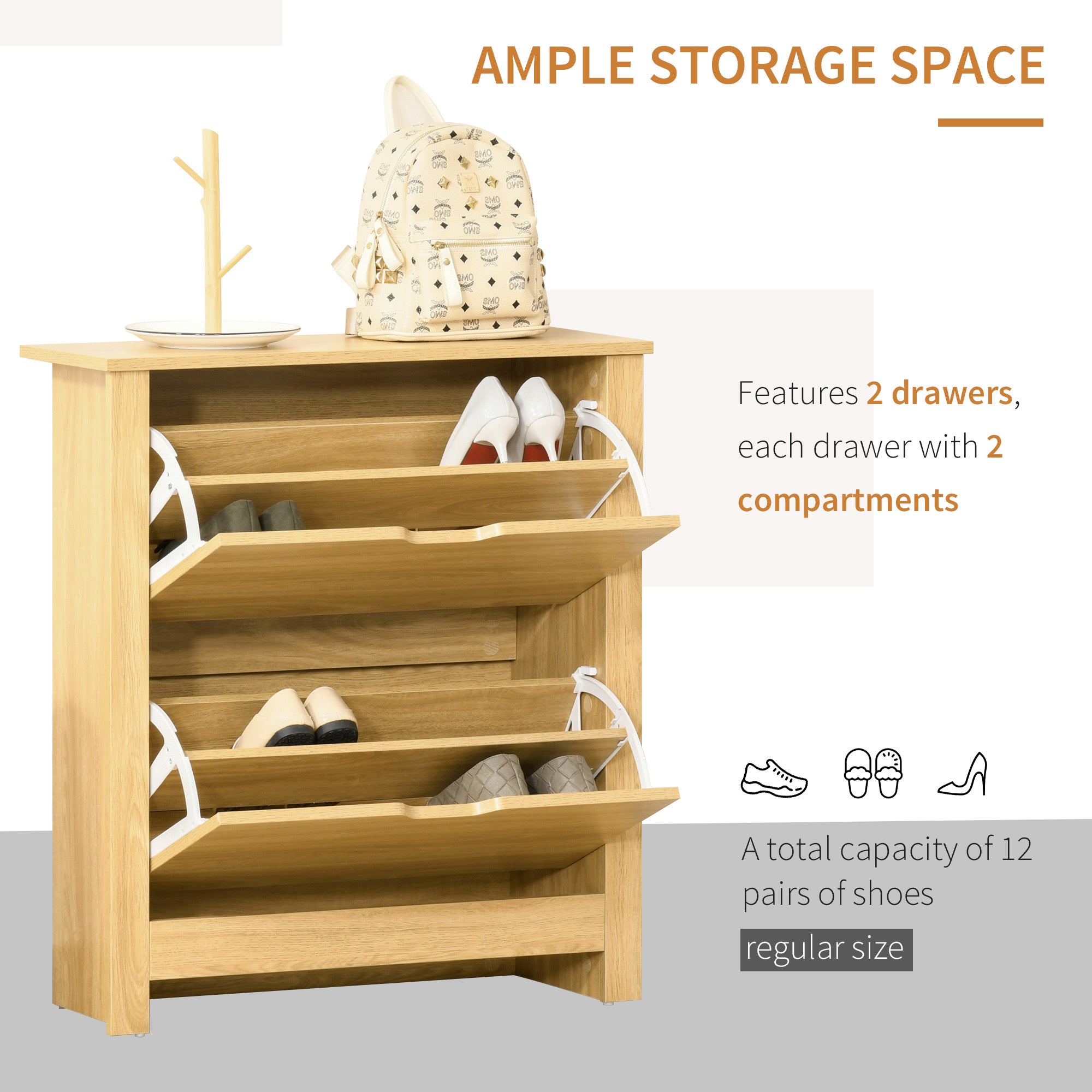 12-Shoe Storage Cabinet 4 Shelves 2 Drawers 4 Protective Legs Modern Stylish Unit Hallway Bedroom Home Furniture Brown-3