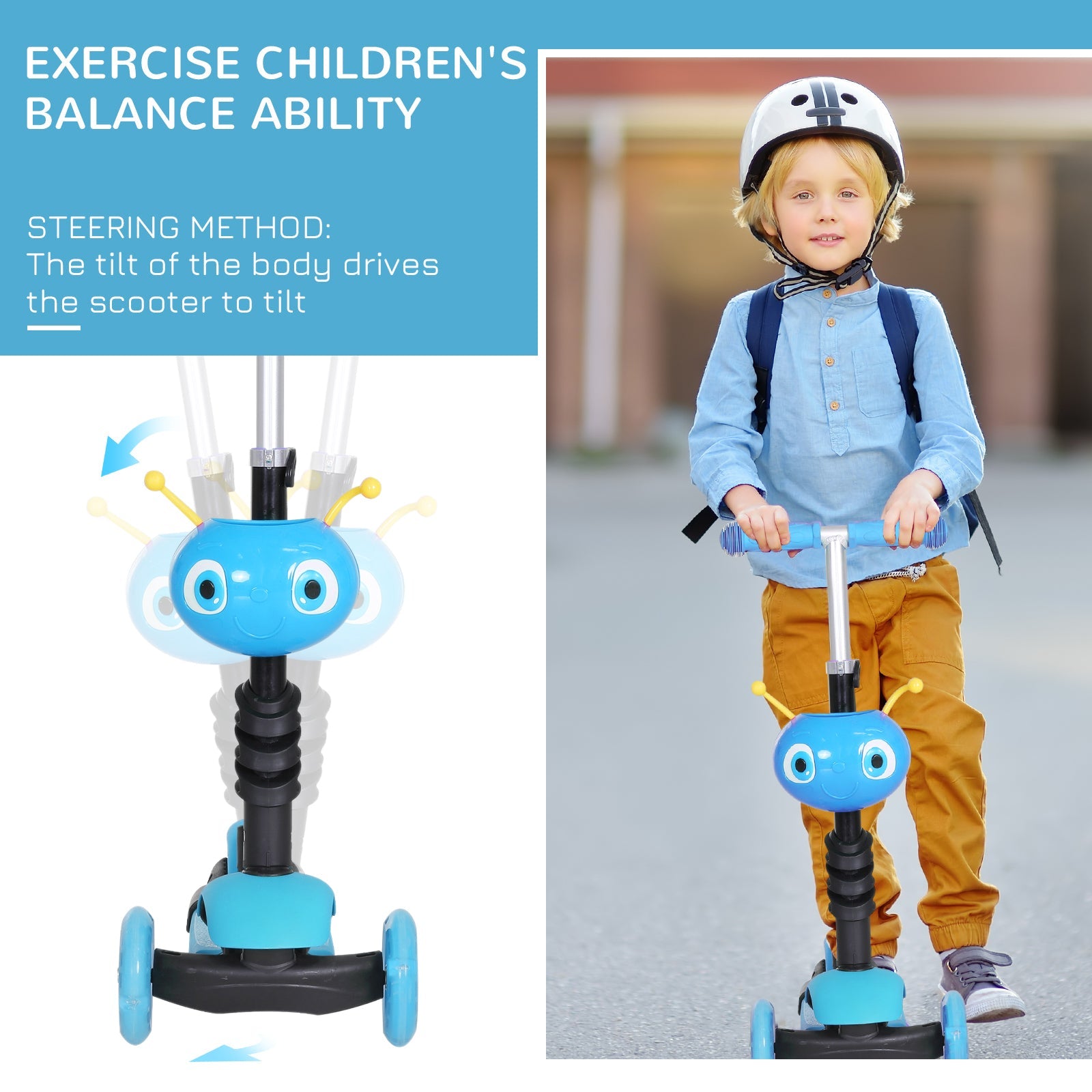 5-in-1 Kids Toddler 3 Wheels Mini Kick Scooter Push Walker with Removable Seat & Back Rest for Girls and Boys Blue-3