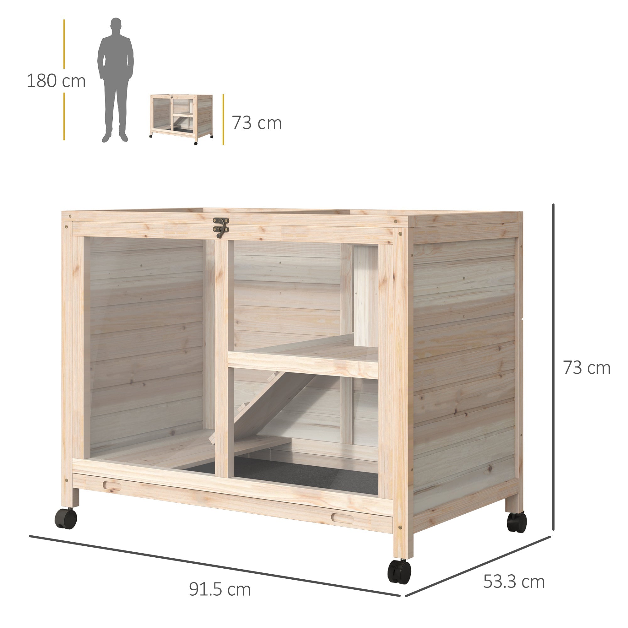 Wooden Rabbit Hutch Guinea Pigs House Bunny Small Animal Cage W/ Pull-out Tray Openable Roof Wheels 91.5 x 53.3 x 73 cm-2