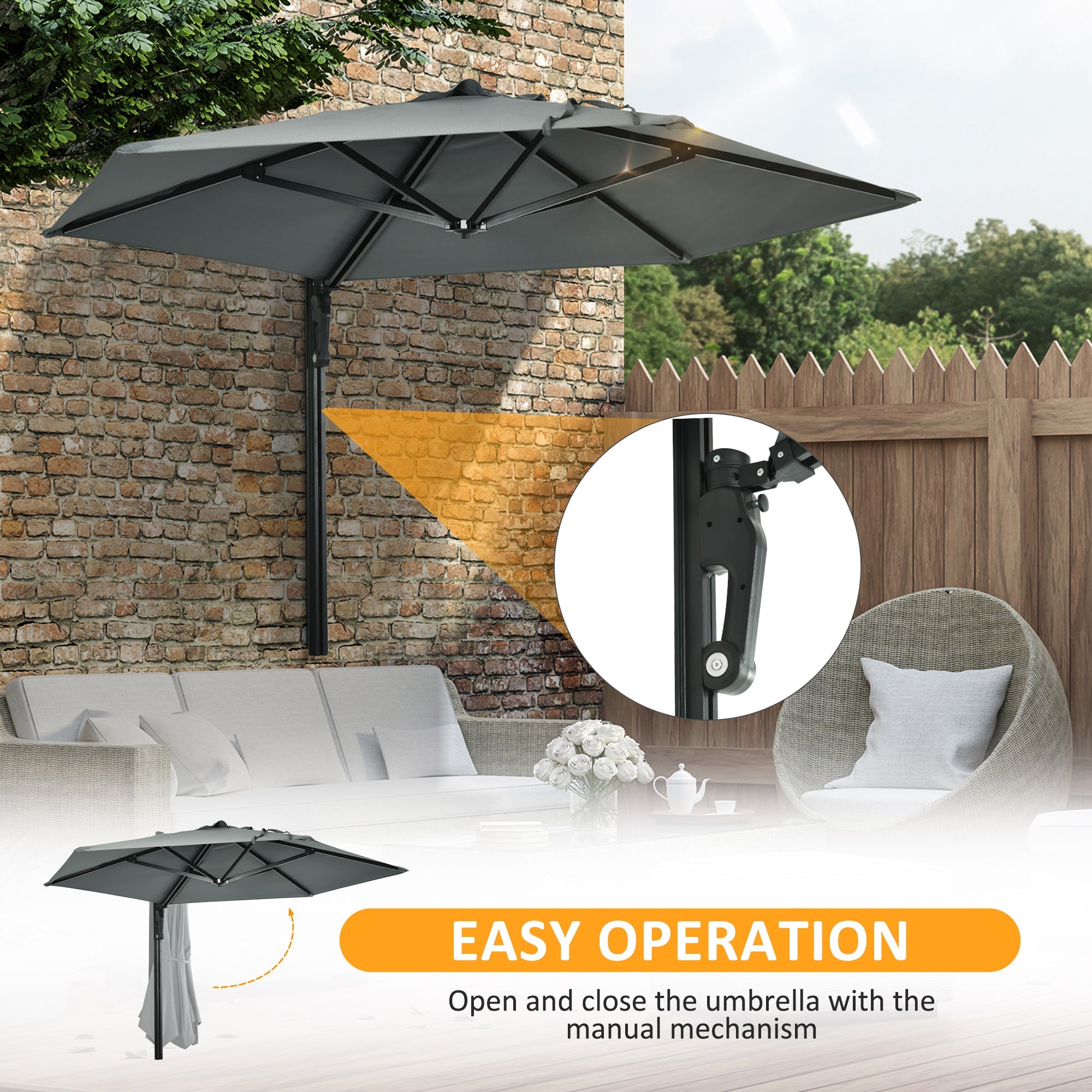 Wall Mounted Parasol, Hand to Push Outdoor Patio Umbrella with 180 Degree Rotatable Canopy for Porch, Deck, Garden, 250 cm, Grey-4