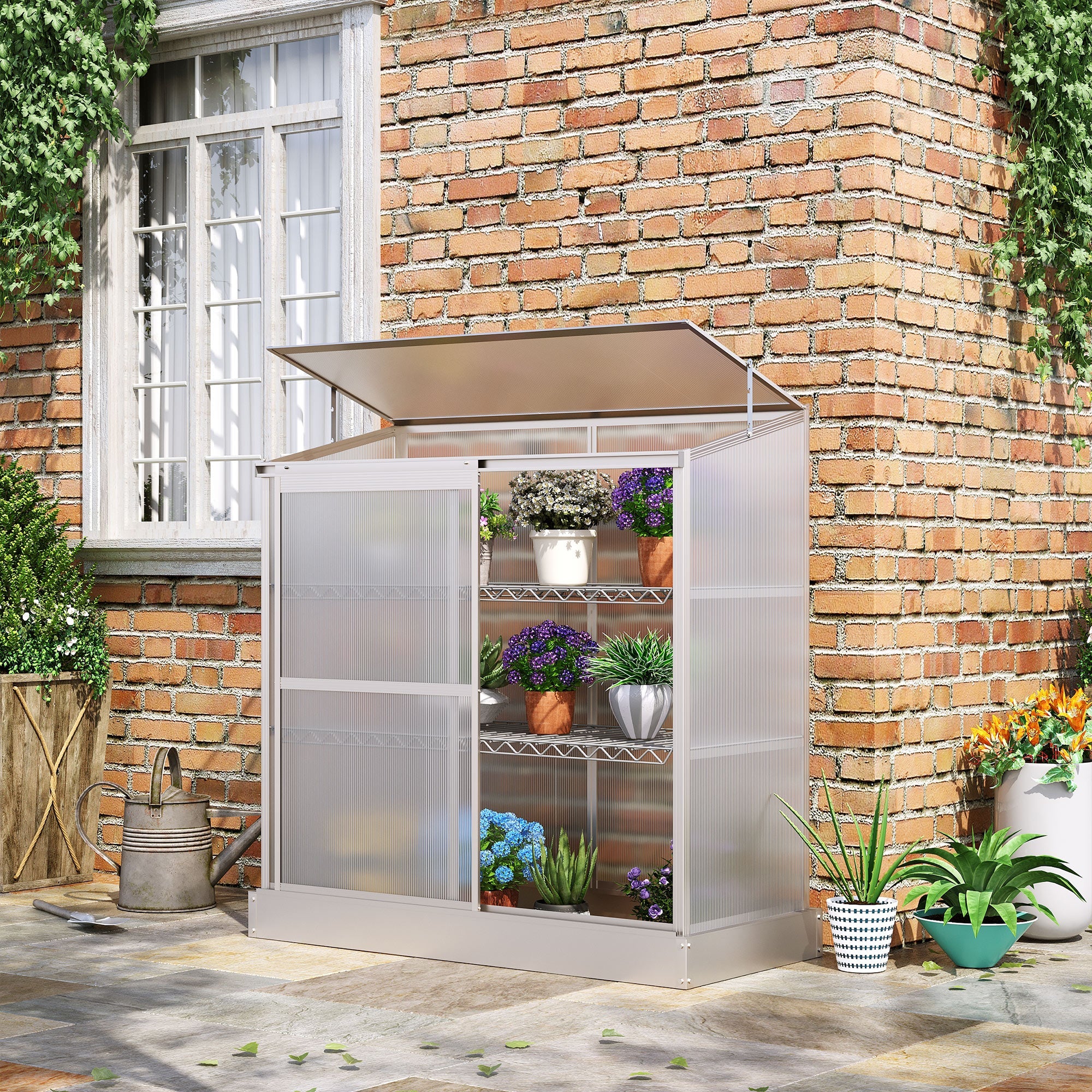 3-Tier Mini Greenhouse Garden Cold Frame Plant Growth House w / Polycarbonate Panels, Openable Roof, 129.5 x 58 x 140 cm, Silver-1