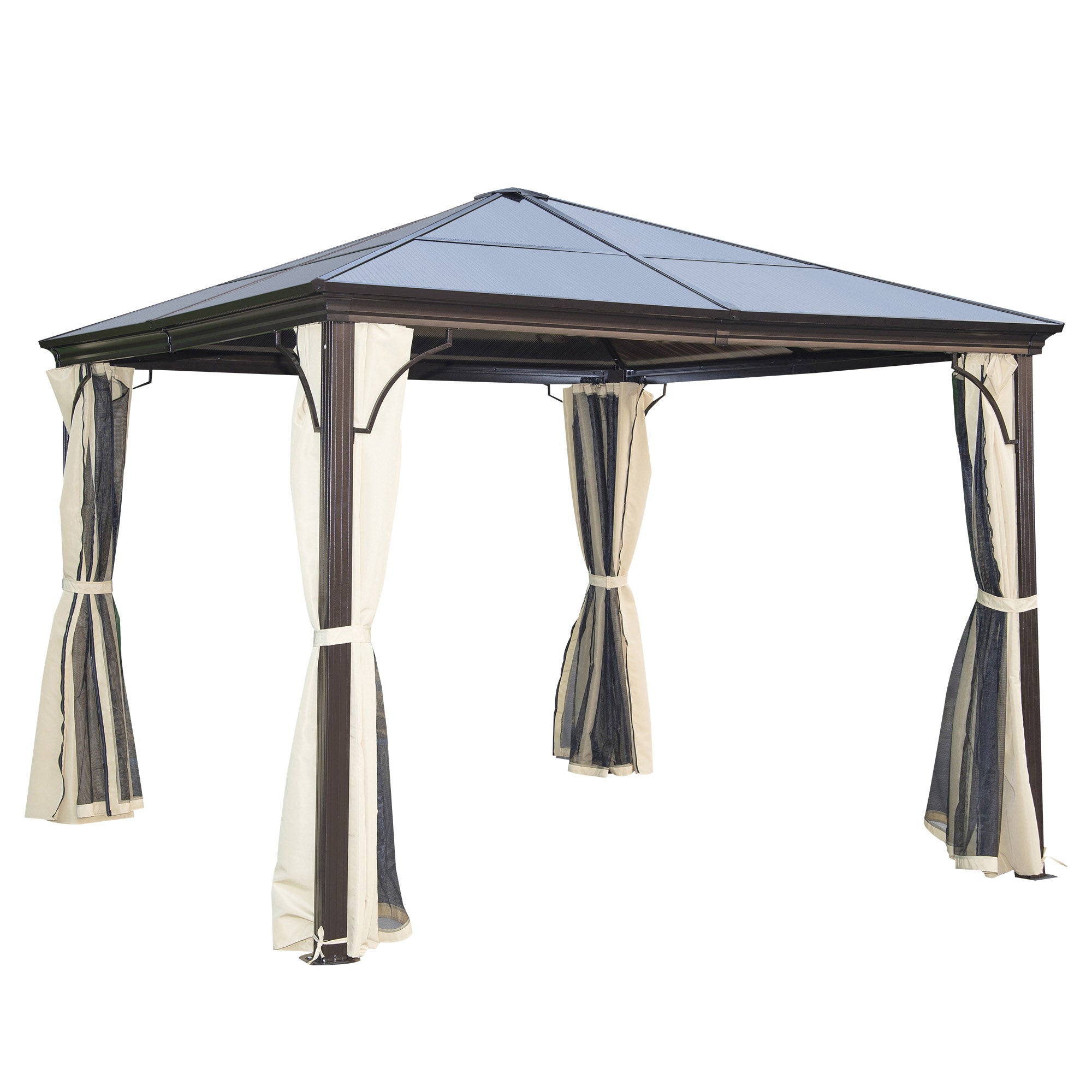 3 x 3(m) Hardtop Gazebo Canopy with Polycarbonate Roof and Aluminium Frame, Garden Pavilion with Mosquito Netting and Curtains, Brown-0