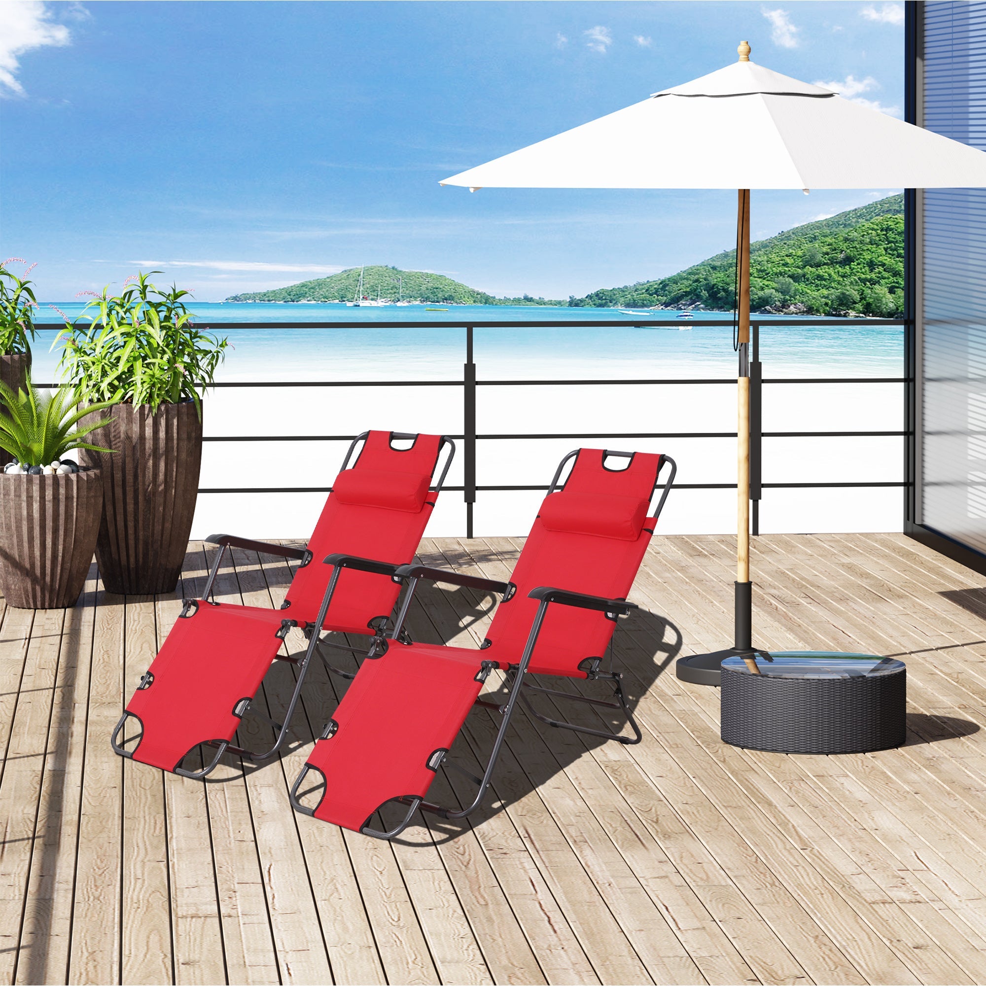 2 Pieces Foldable Sun Loungers with Adjustable Back, Outdoor Reclining Garden Chairs with Pillow and Armrests, Red-1