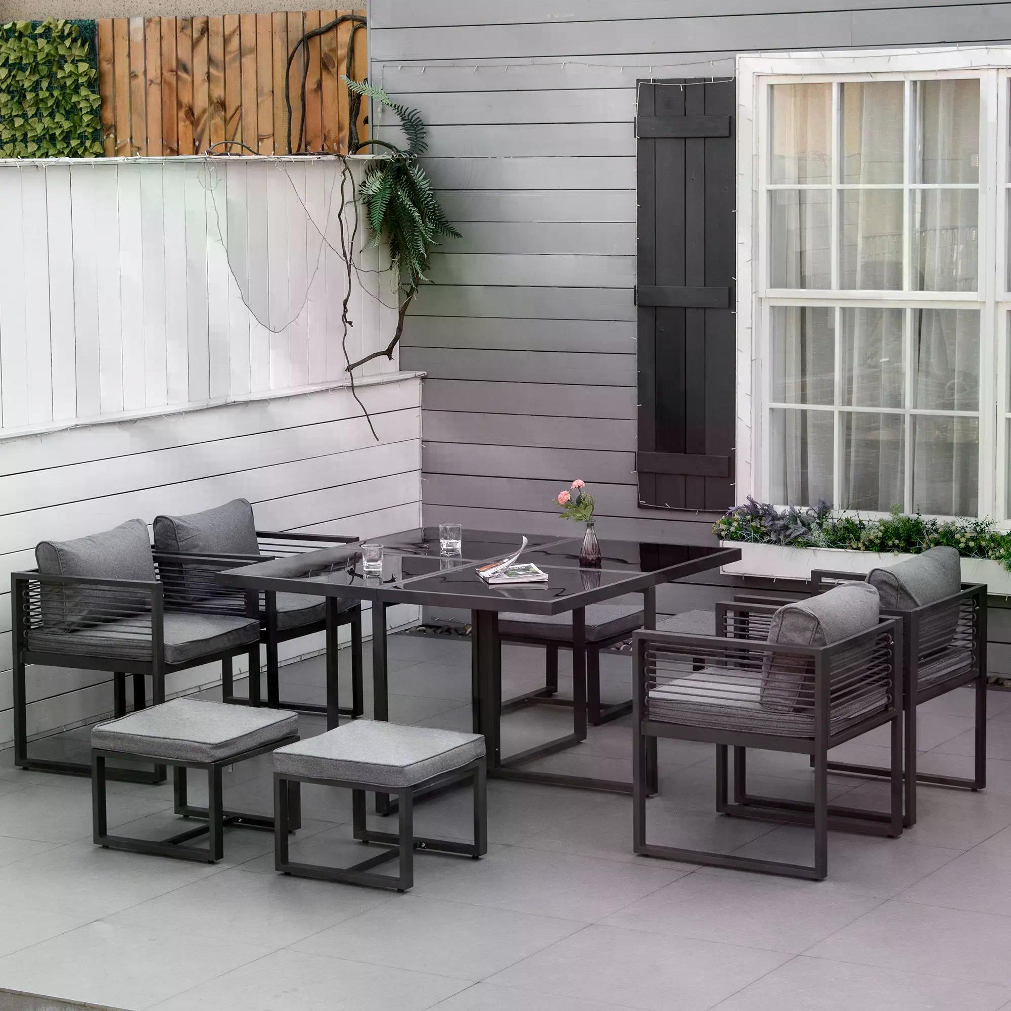 8 Seater Garden Dining Cube Set Aluminium Outdoor Furniture Set Dining Table, 4 Chairs and 4 Footstools with Cushion, Grey-1