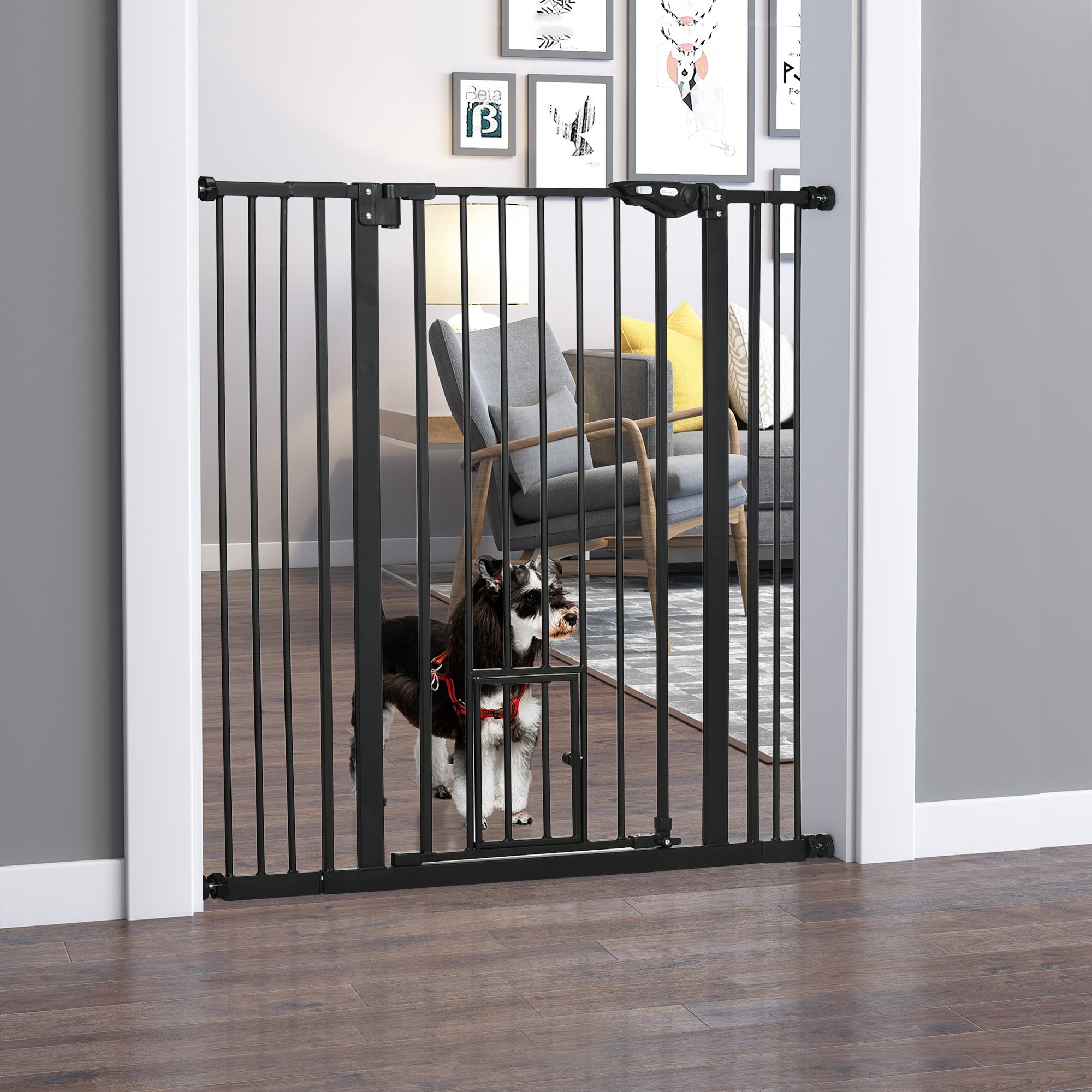 Extra Tall Pet Gate, Indoor Dog Safety Gate, with Cat Flap, Auto Close, 74-101cm Wide - Black-1