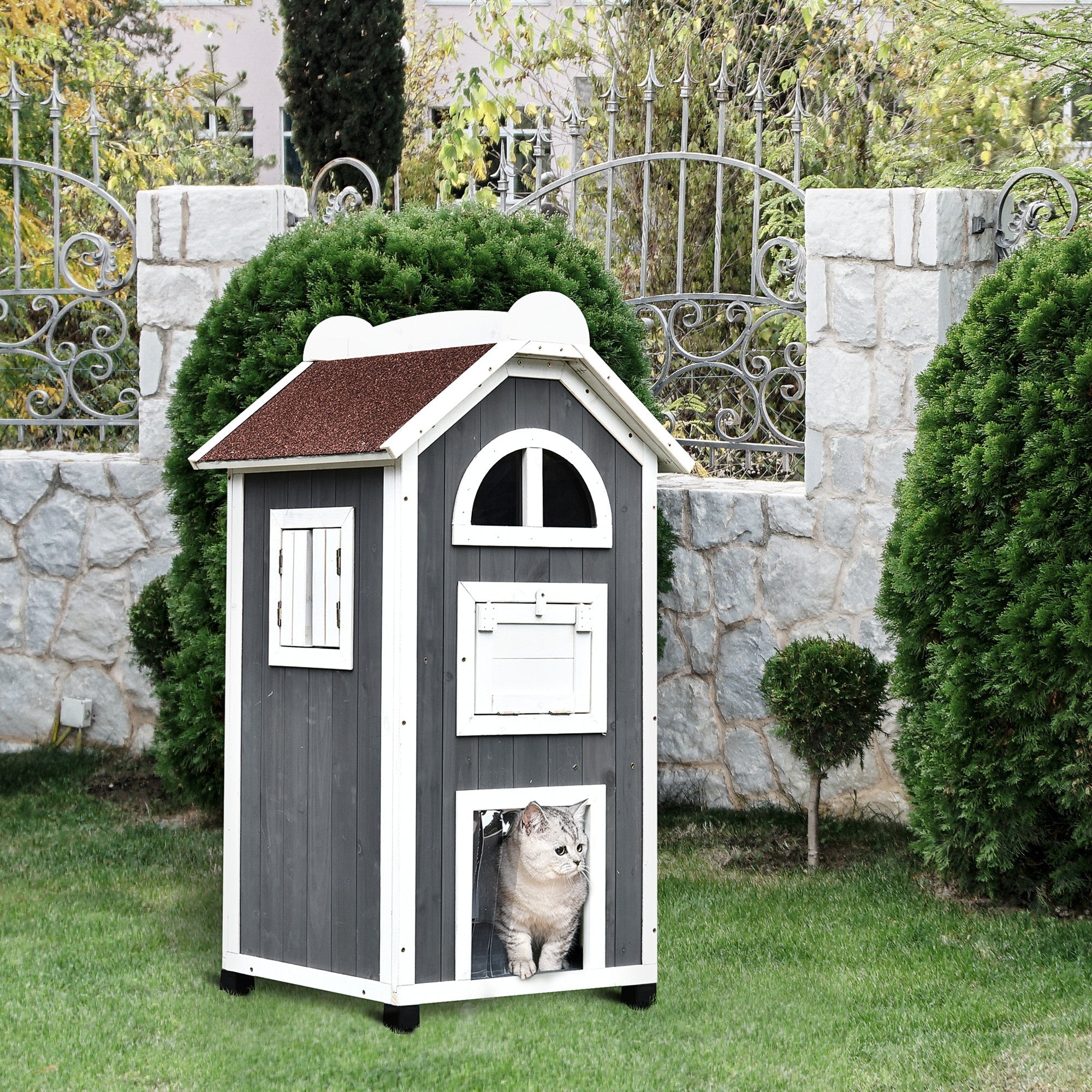 Wooden Cat House, Weatherproof Pet Shelter, Outdoor Cat Condos Cave, 2 Floor Furniture, Grey and White-1